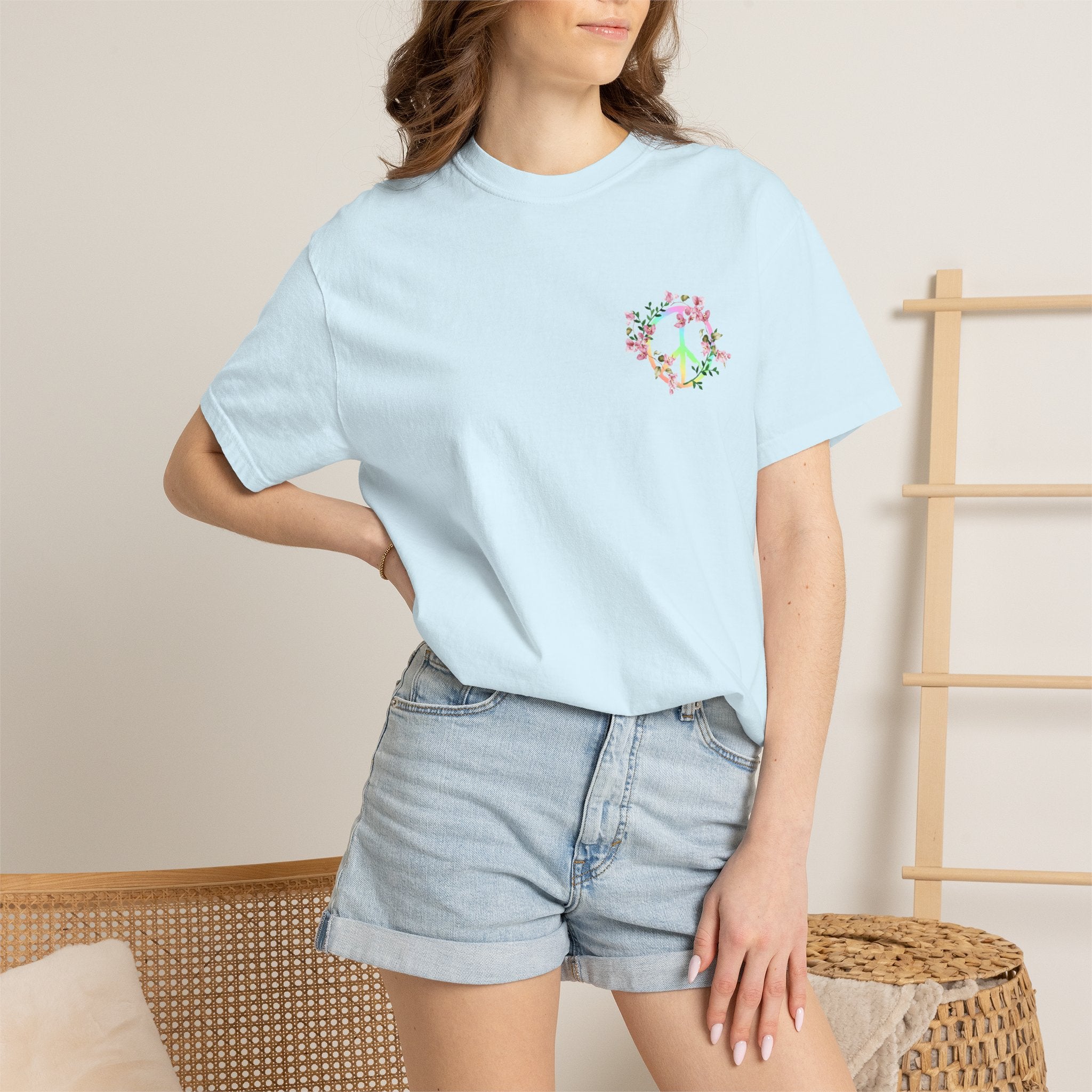 Signature Peace & Love Floral T-Shirt — Pastel Peace Sign Graphic
