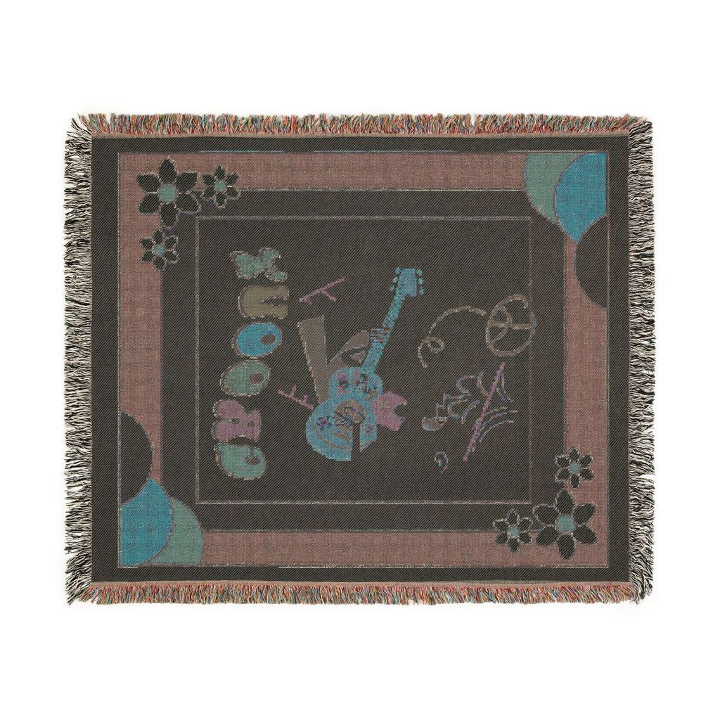Groovy 70s Hippie Guitar Throw Blanket — Retro Teal & Mustard Woven Blanket