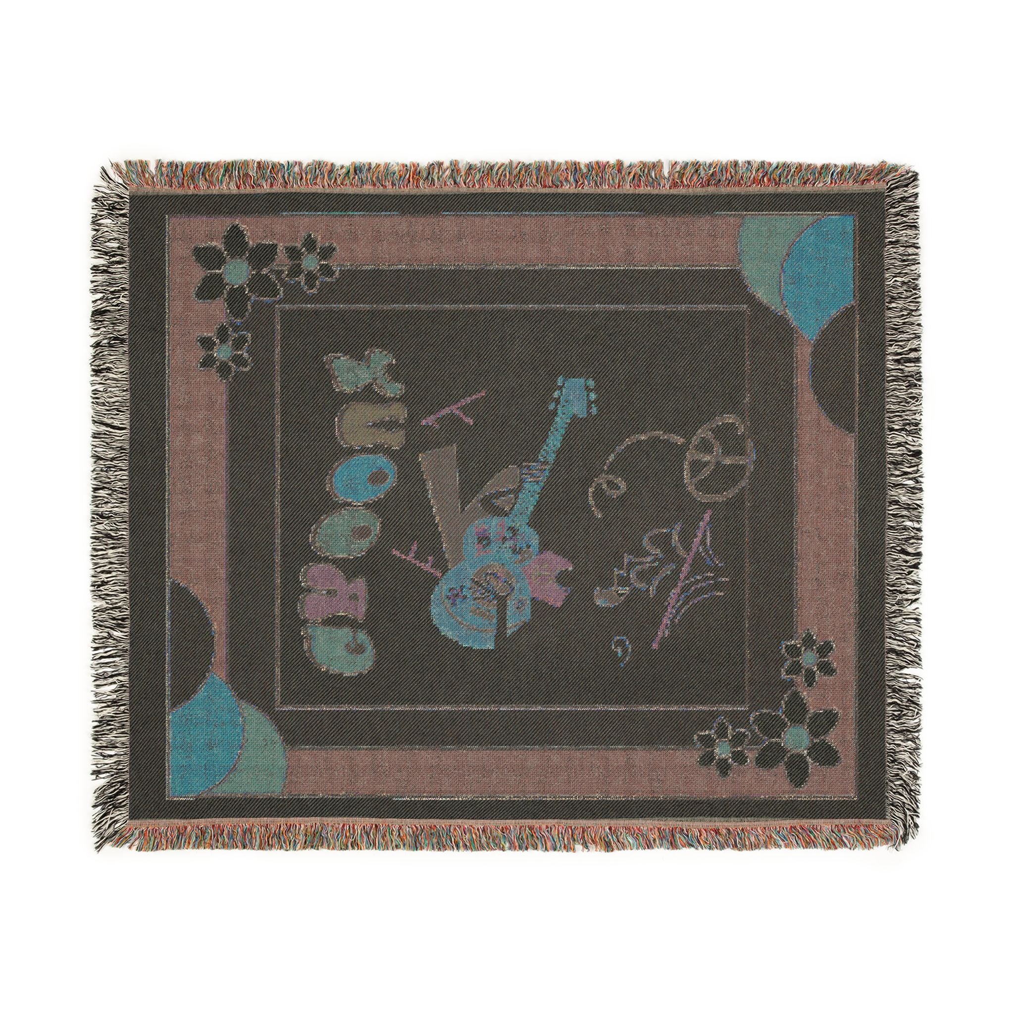 Groovy 70s Hippie Guitar Throw Blanket — Retro Teal & Mustard Woven Blanket