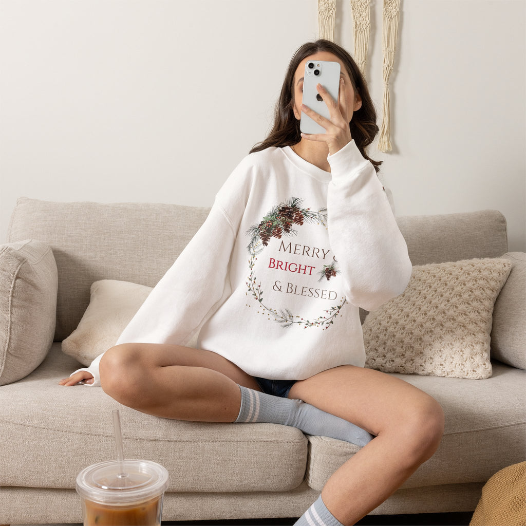 Merry & Bright & Blessed | Women's Christmas Crewneck Sweatshirt