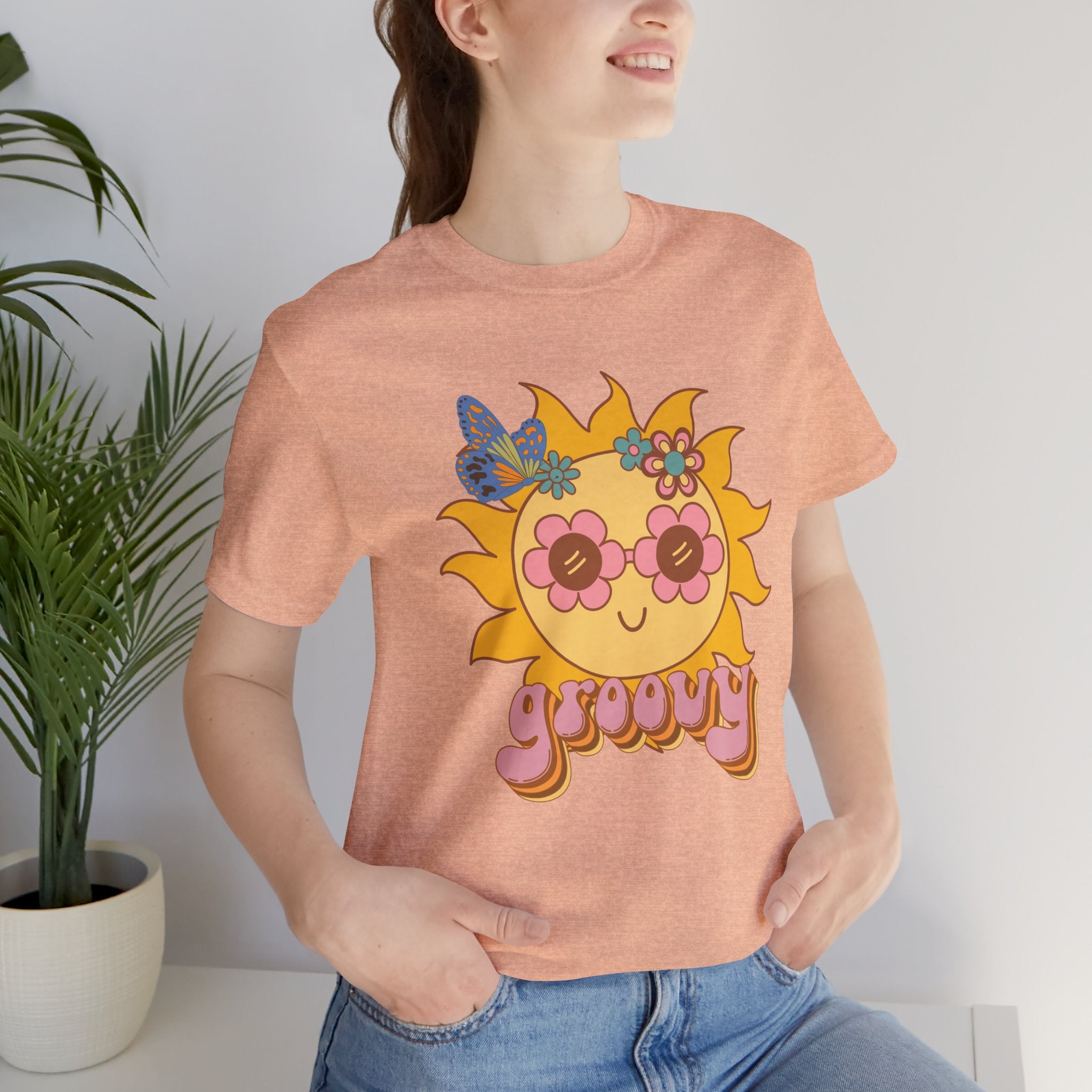 Peace and Love Groovy Sunflower Tee — 70s Retro Sun Graphic For Her