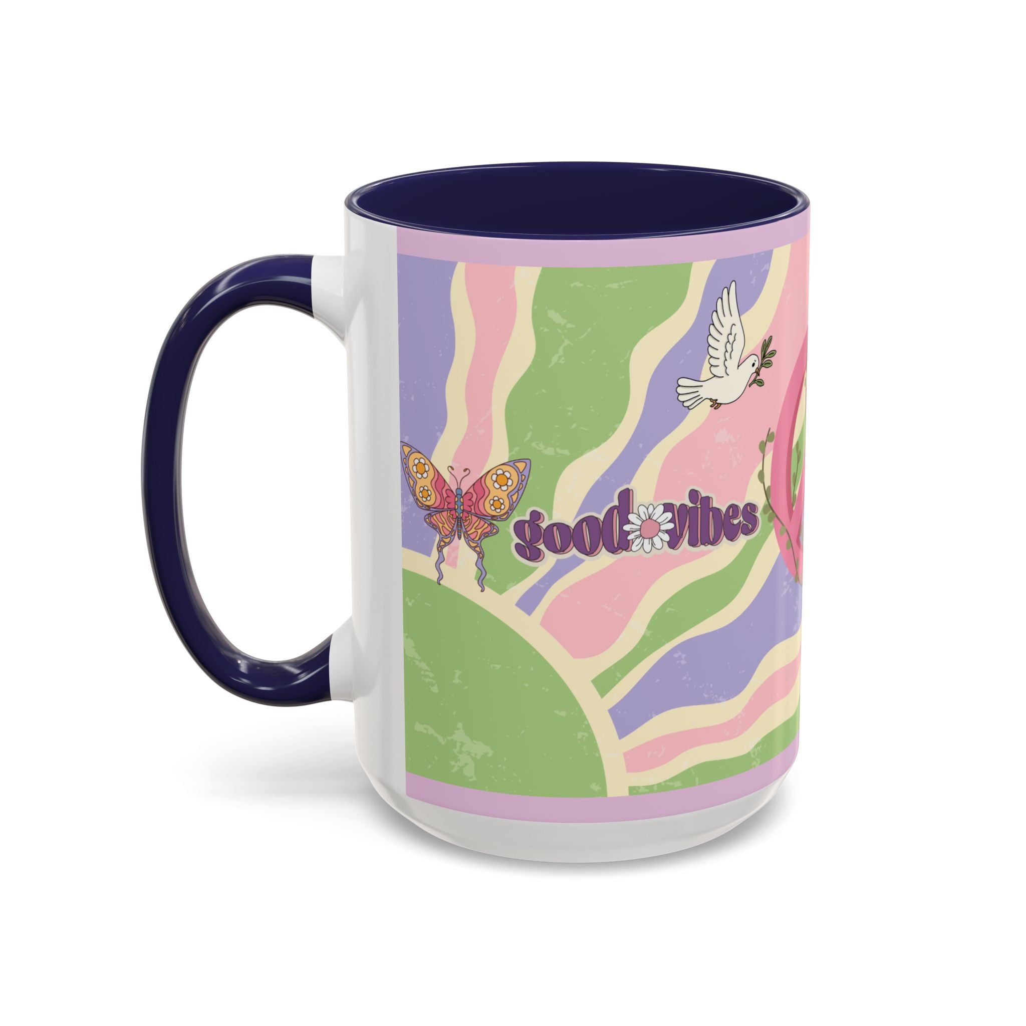 Peace & Love Good Vibes Ceramic Mug — Boho Butterfly & Dove Design (11, 15oz)