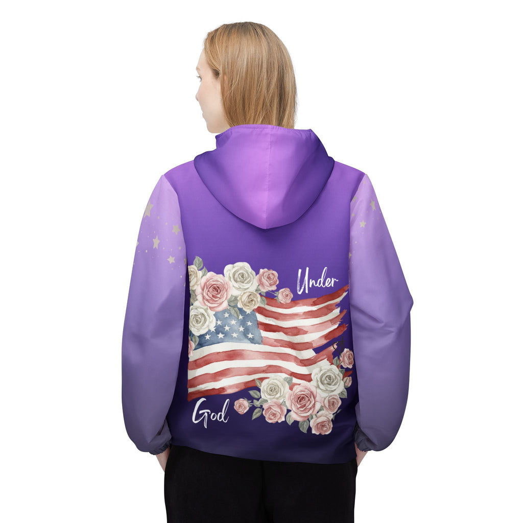 Under God | Watercolor Roses & Flag Windbreaker Jacket - Purple Adult Female