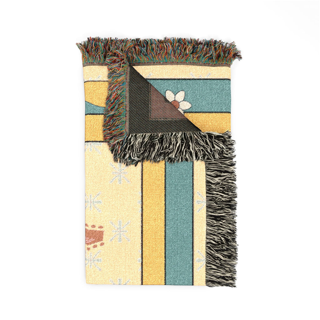 Groovy 70s Hippie Guitar Throw Blanket — Retro Teal & Mustard Woven Blanket