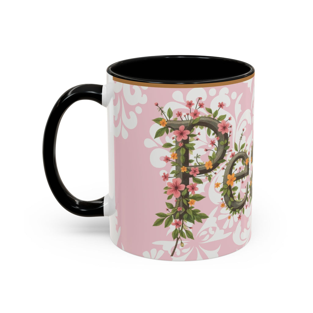 Peace and Love Coffee Mug — John 14:27 Pink Damask & Olive Floral Accent(11, 15oz)