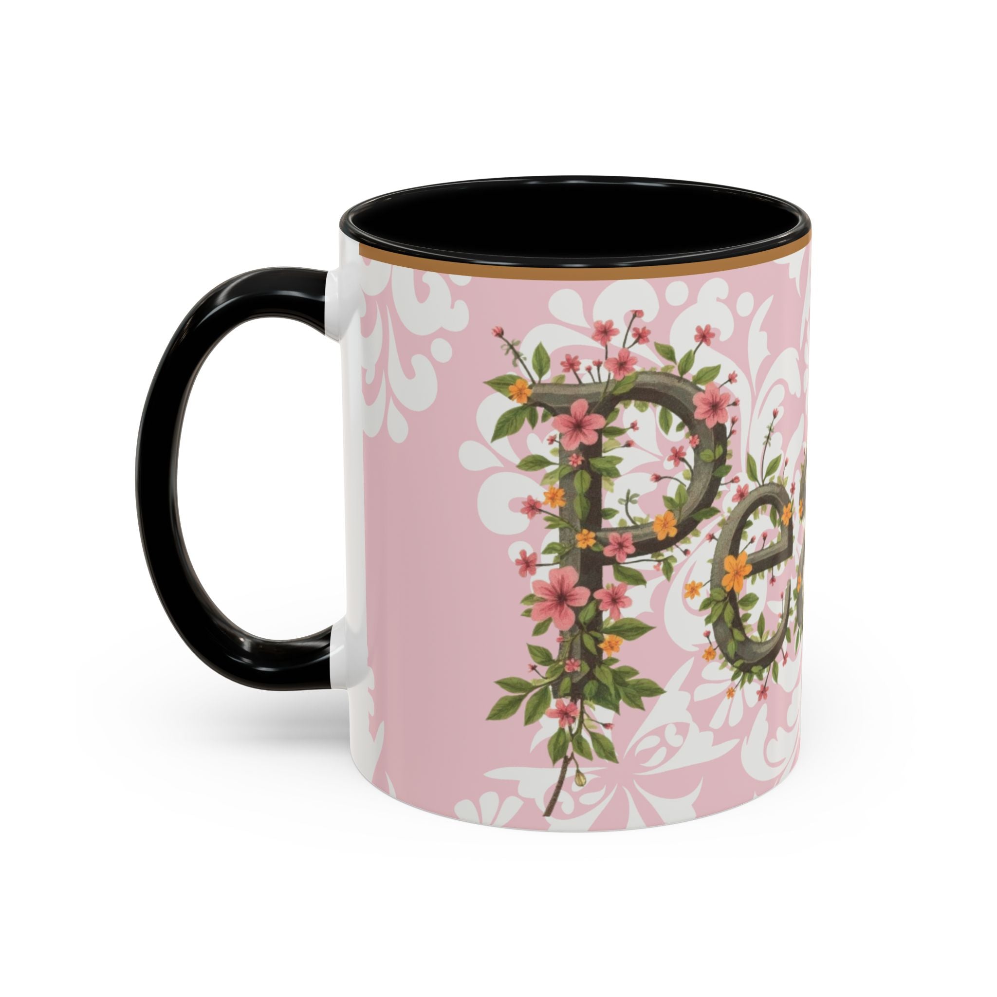 Peace and Love Coffee Mug — John 14:27 Pink Damask & Olive Floral Accent(11, 15oz)