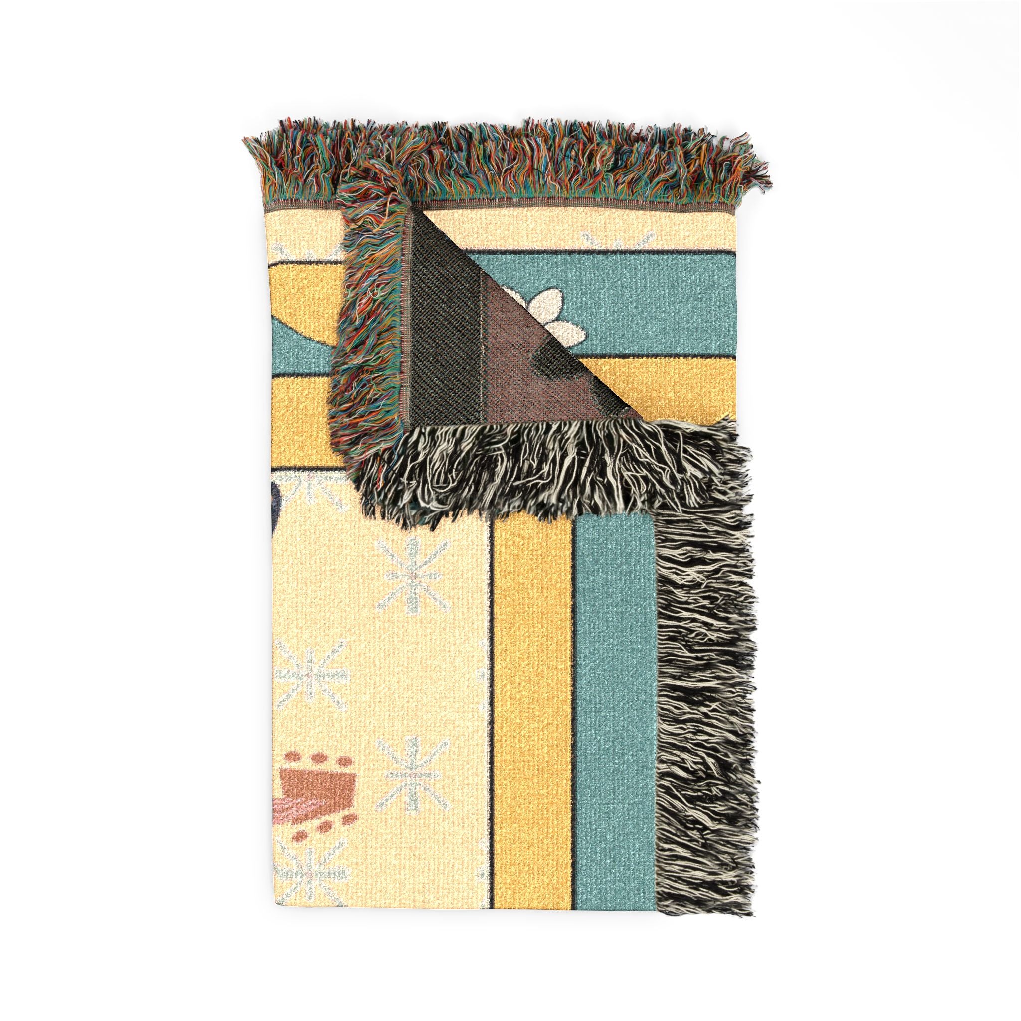 Peace and Love Groovy 70s Hippie Guitar Throw Blanket — Retro Teal & Mustard Woven Blanket