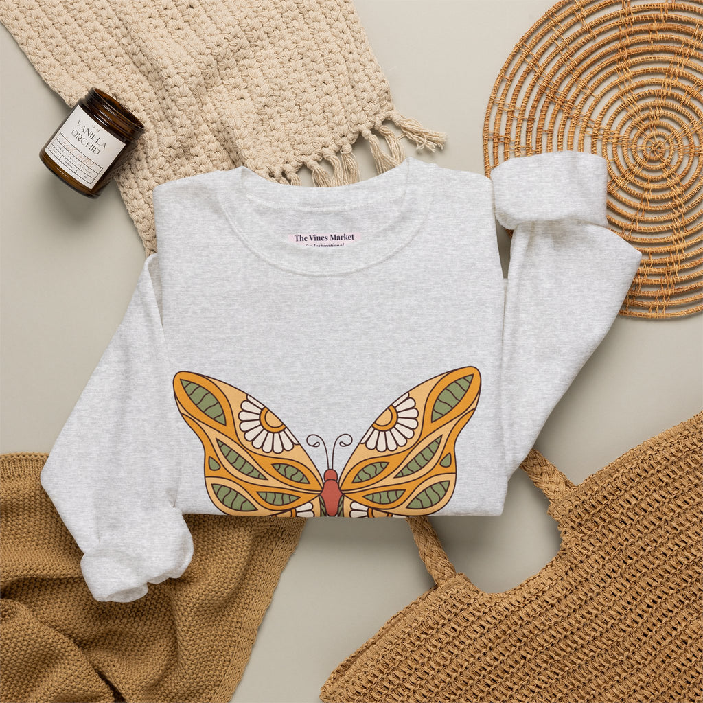 Peace Butterfly Crewneck Sweatshirt — Retro Floral Graphic Pullover