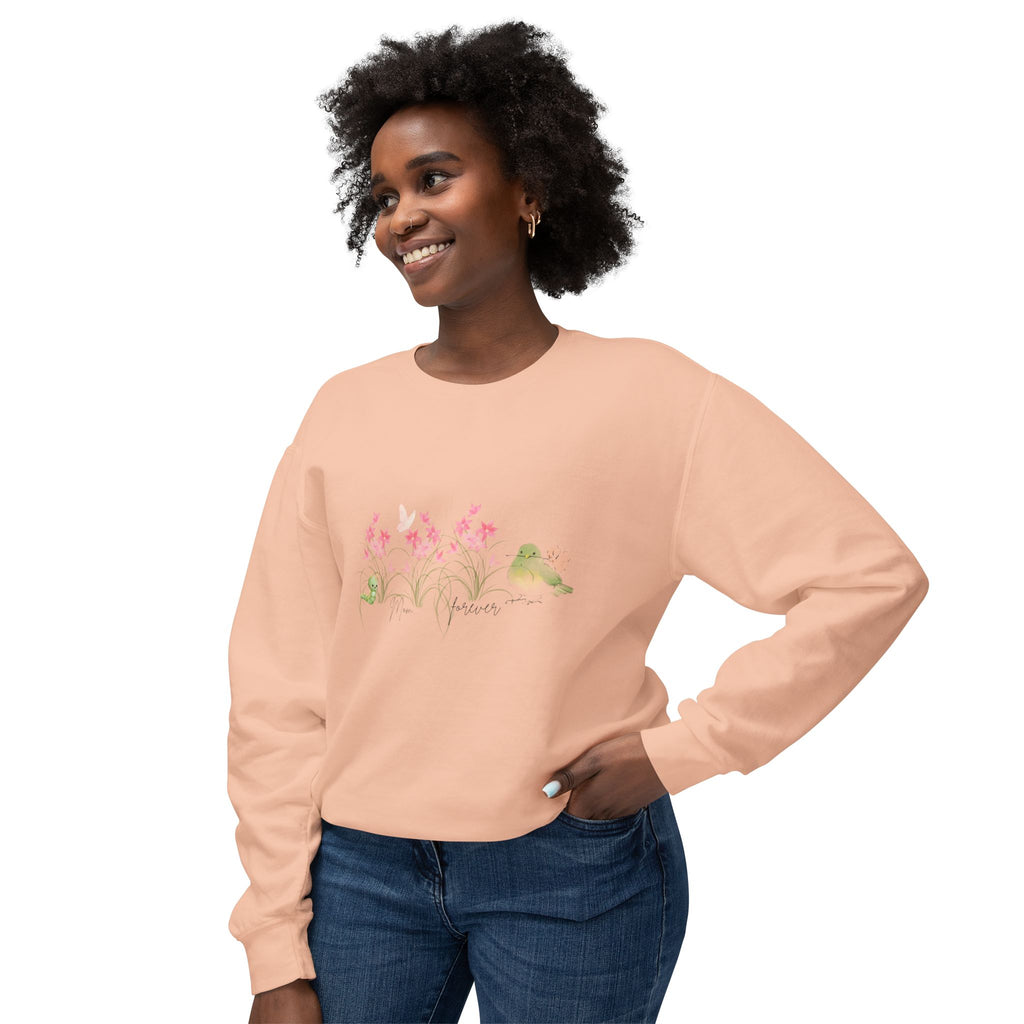 Female Adult Lightweight Crewneck Sweatshirt: Mom… Forever – Nurturing Floral