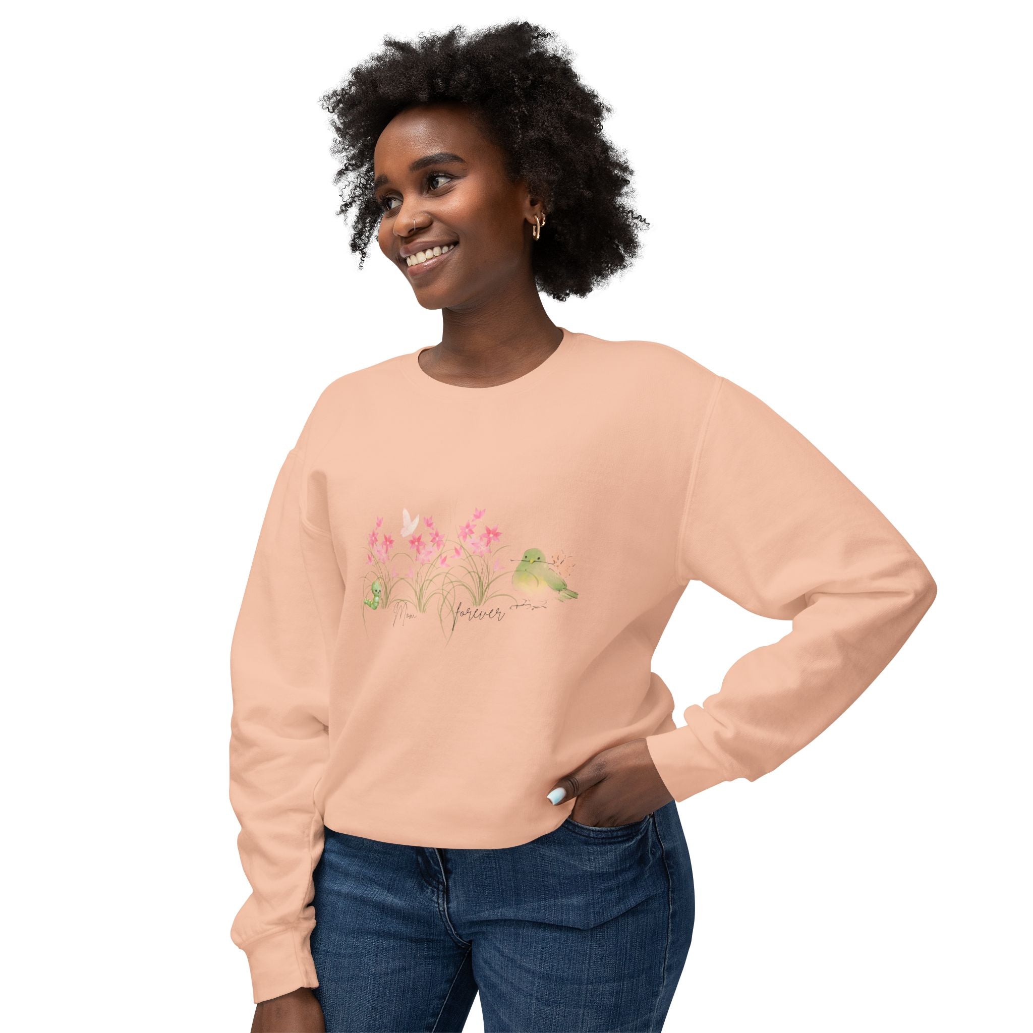 Female Adult Lightweight Crewneck Sweatshirt: Mom… Forever – Nurturing Floral