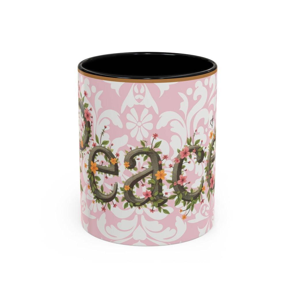 Peace and Love Coffee Mug — John 14:27 Pink Damask & Olive Floral Accent(11, 15oz)
