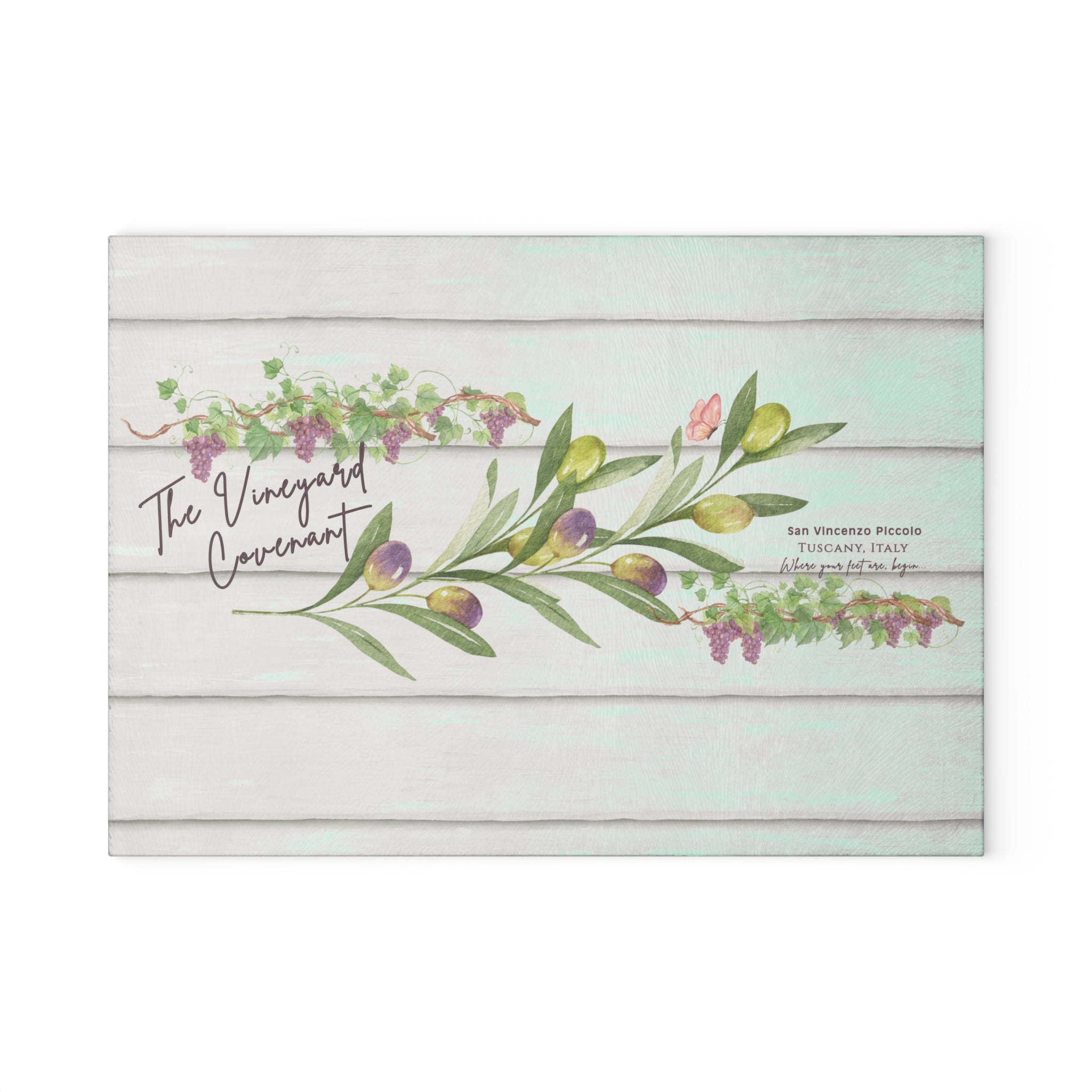 The Vineyard Covenant Glass Cutting Board — Faith-Inspired Kitchen Decor