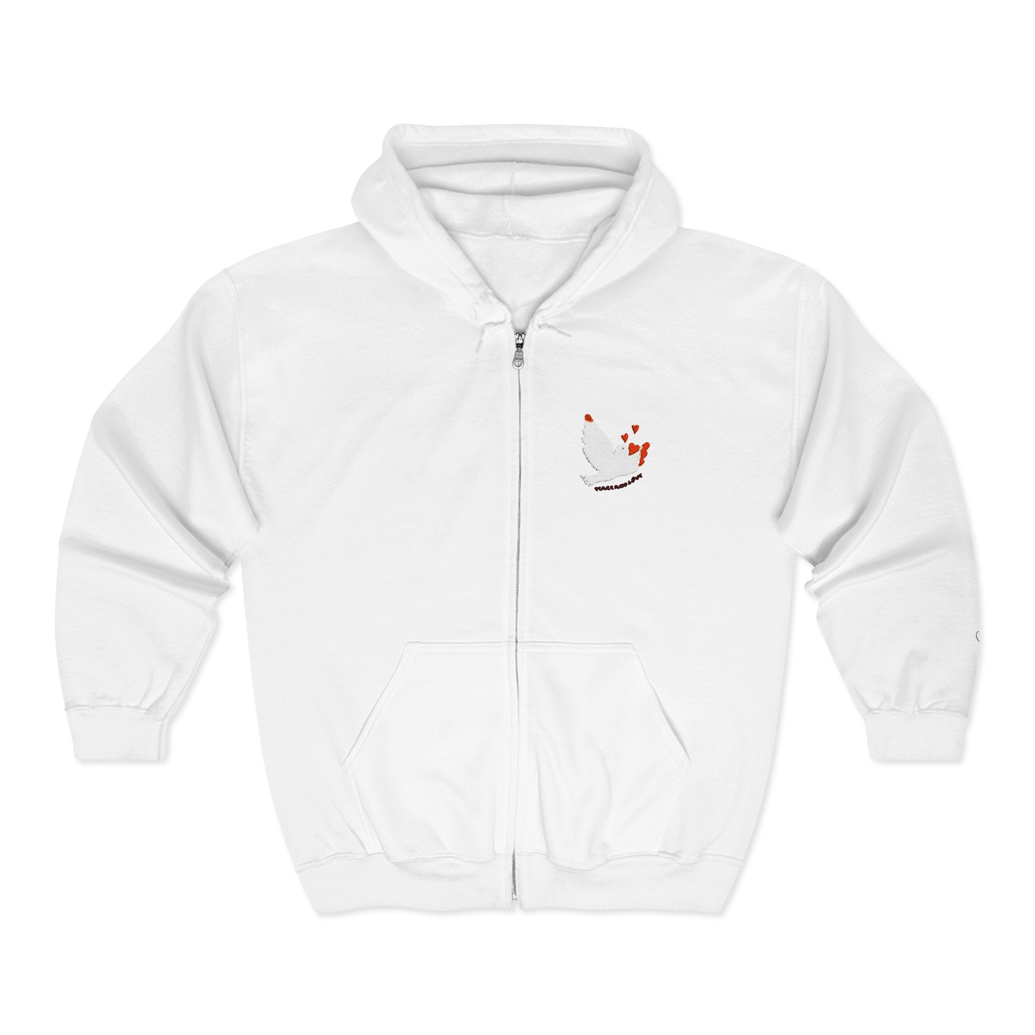 Adult Female Embroidered Zippered Hoodie:  Peace and Love
