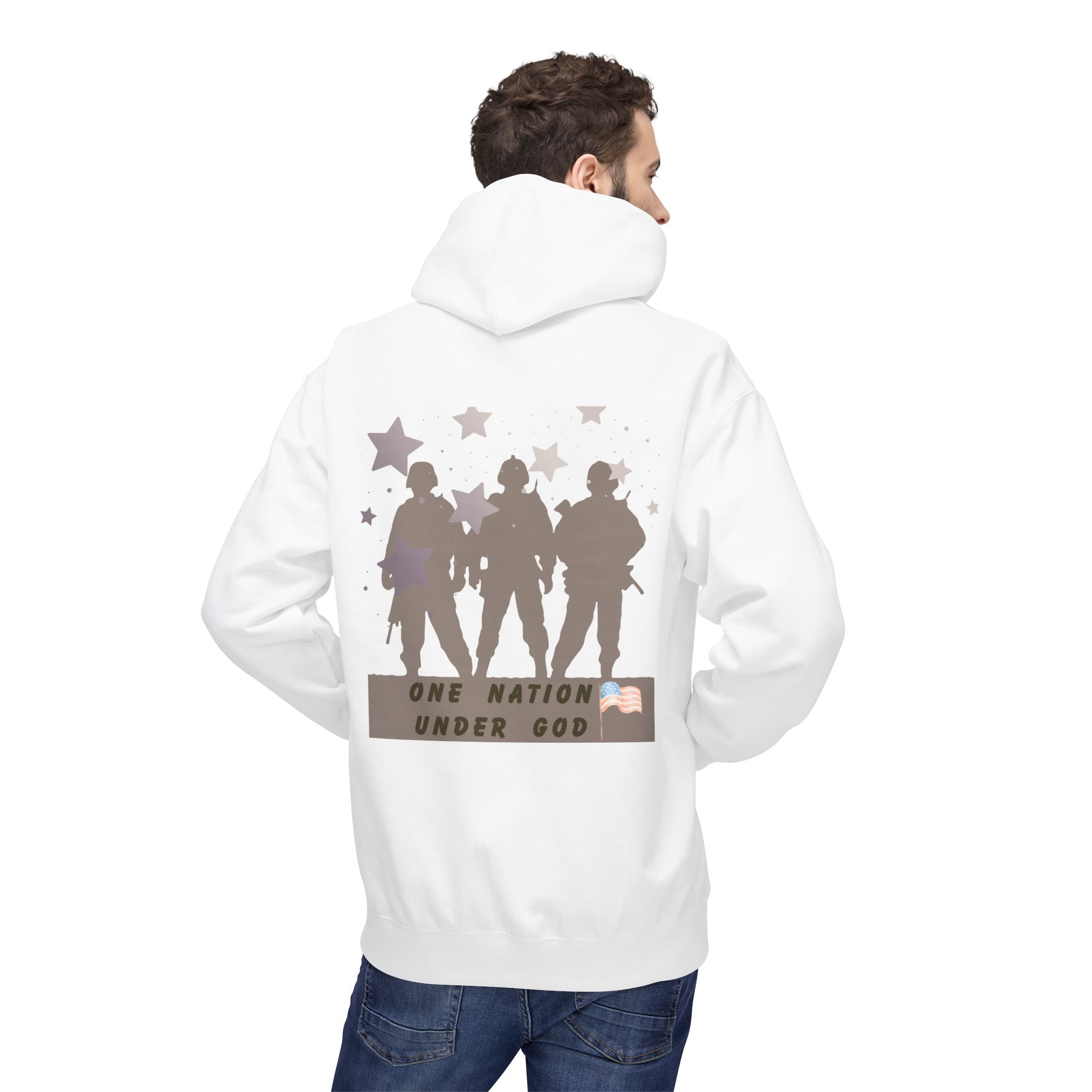 One Nation Under God | Patriotic Soldiers Zipped Hoodie: Men's Midweight Softstyle Fleece Hoodie