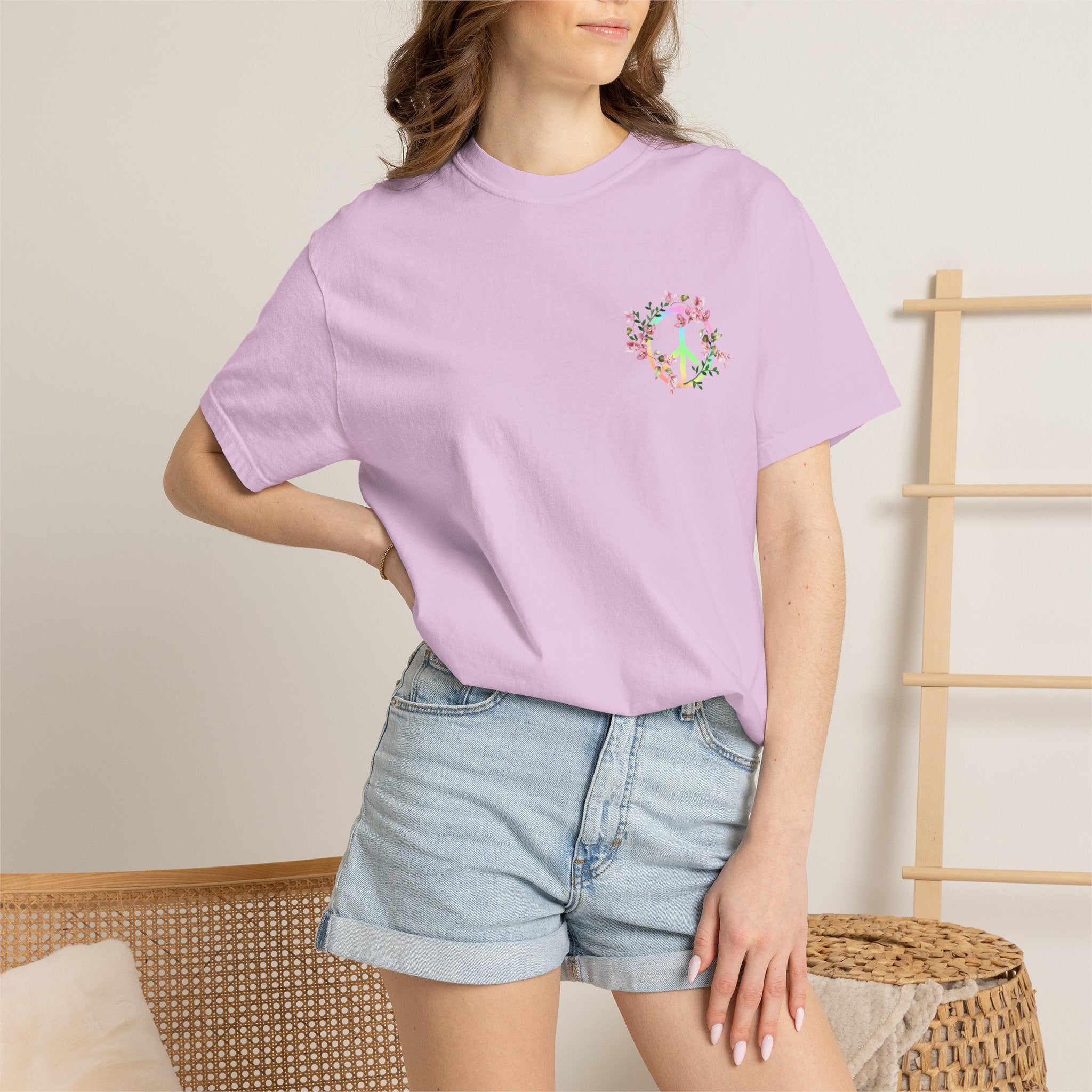 Signature Peace & Love Floral T-Shirt — Pastel Peace Sign Graphic