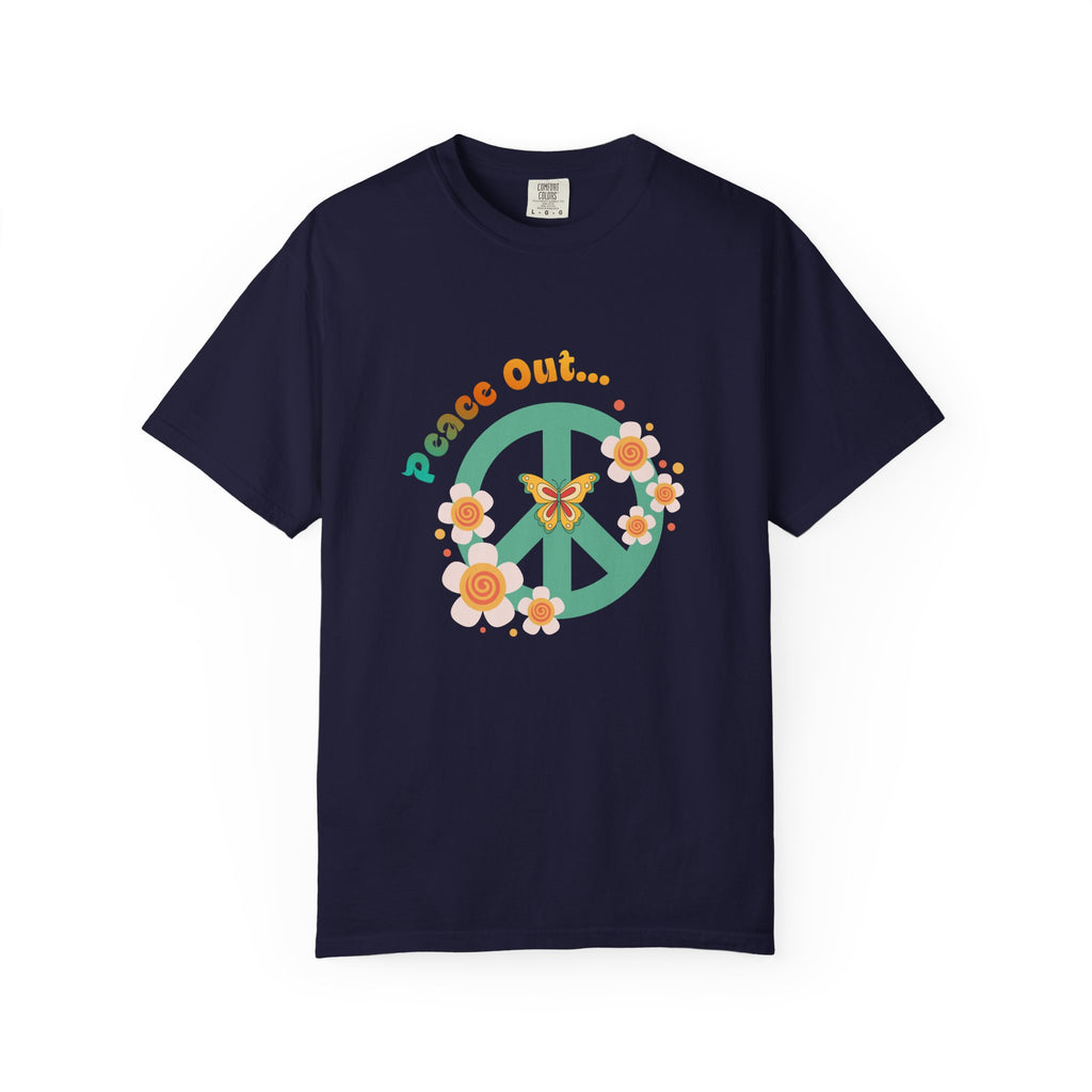 Peace Out T‑Shirt — Retro Floral Peace Sign Tee with ‘Peace Out…’ Text