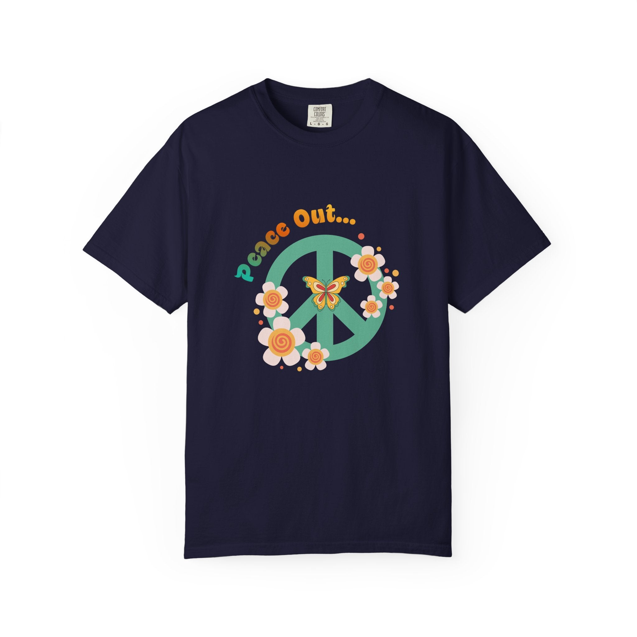 Peace Out T‑Shirt — Retro Floral Peace Sign Tee with ‘Peace Out…’ Text