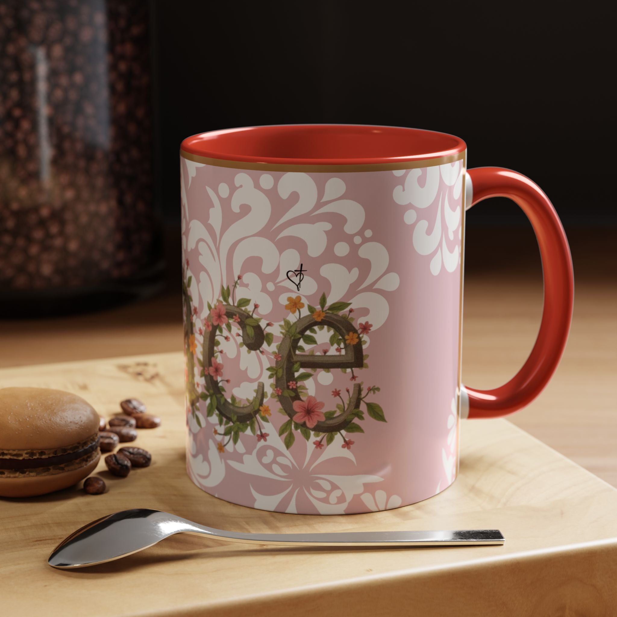 Peace and Love Coffee Mug — John 14:27 Pink Damask & Olive Floral Accent(11, 15oz)