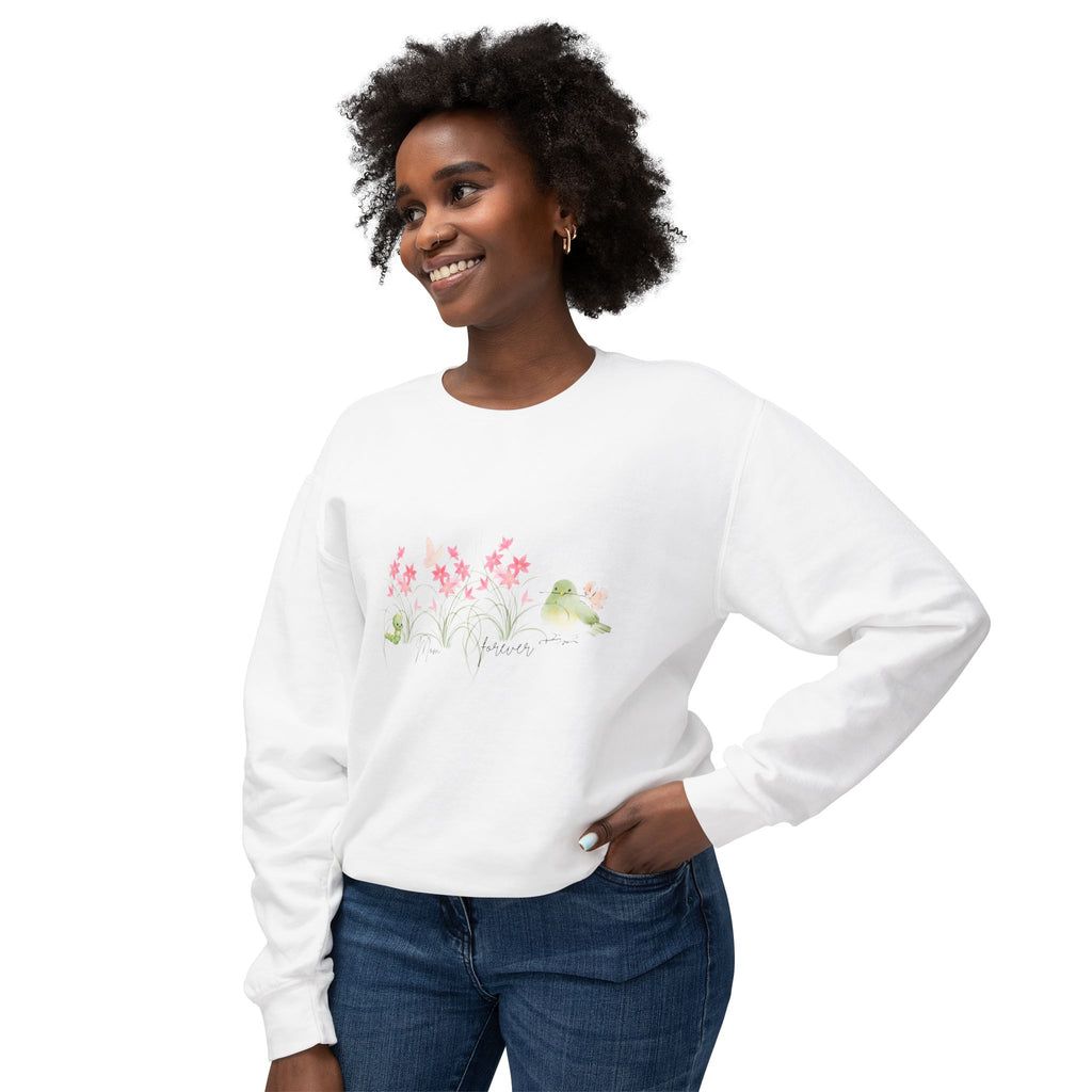 Female Adult Lightweight Crewneck Sweatshirt: Mom… Forever – Nurturing Floral