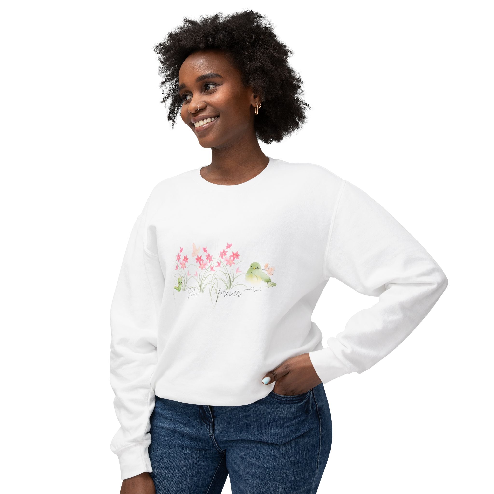 Female Adult Lightweight Crewneck Sweatshirt: Mom… Forever – Nurturing Floral