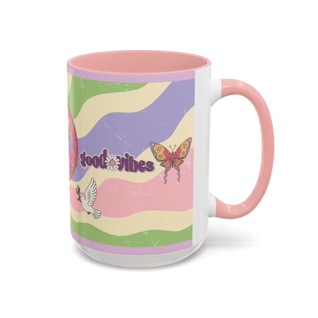 Peace & Love Good Vibes Ceramic Mug — Boho Butterfly & Dove Design (11, 15oz)
