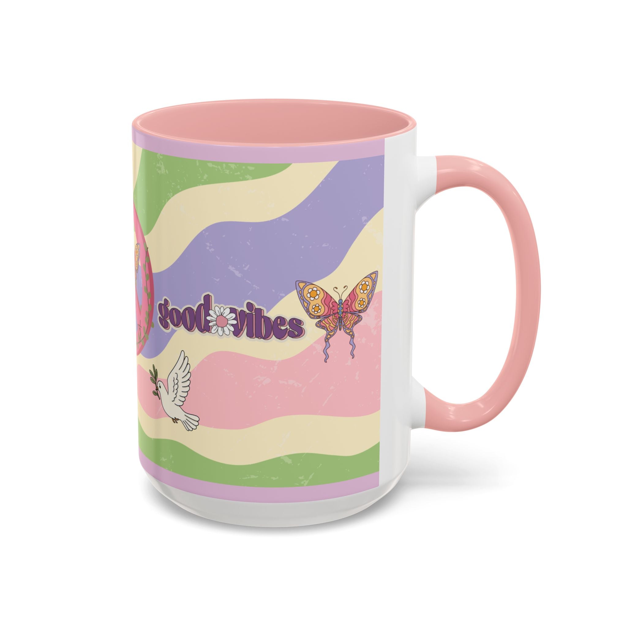 Peace & Love Good Vibes Ceramic Mug — Boho Butterfly & Dove Design (11, 15oz)