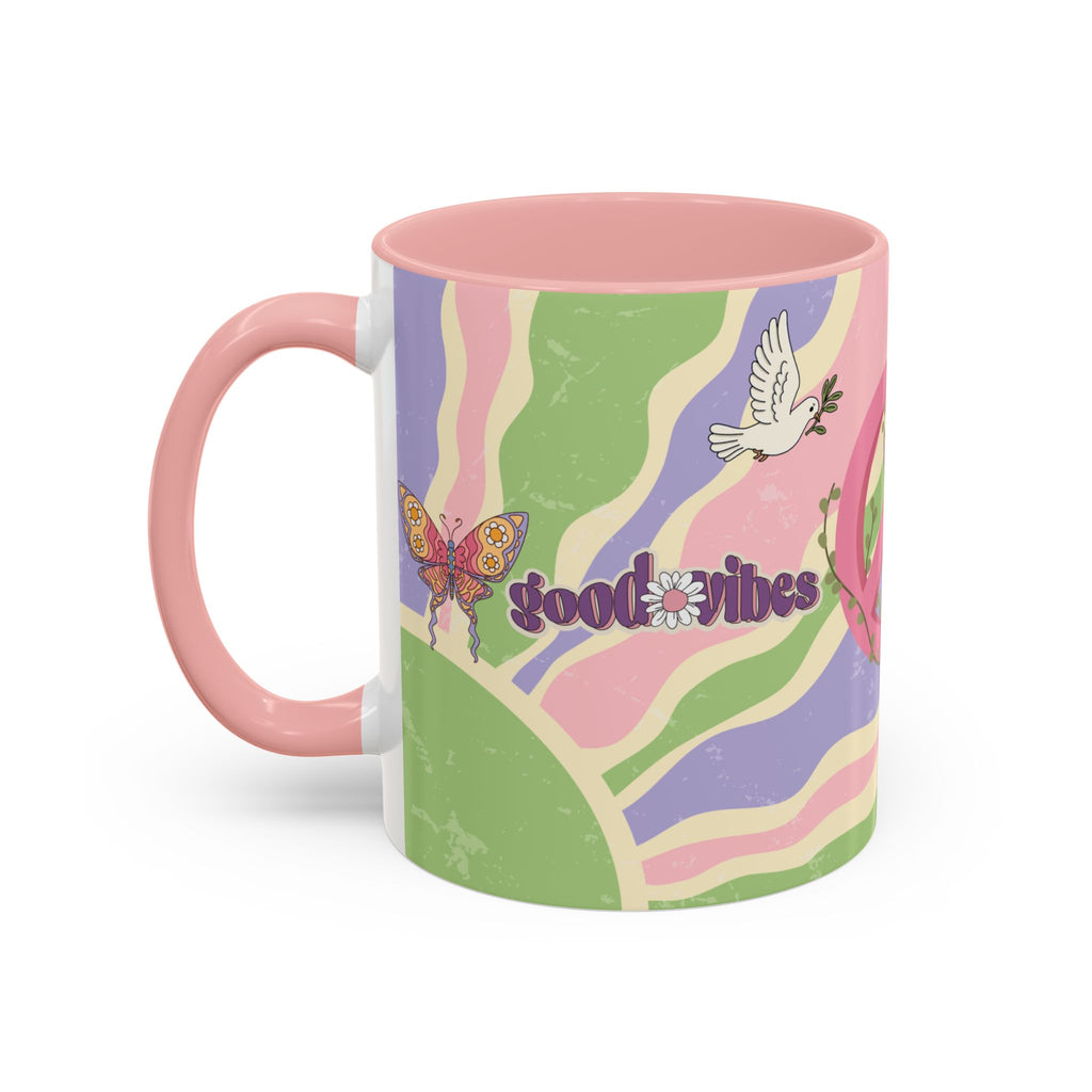Peace & Love Good Vibes Ceramic Mug — Boho Butterfly & Dove Design (11, 15oz)
