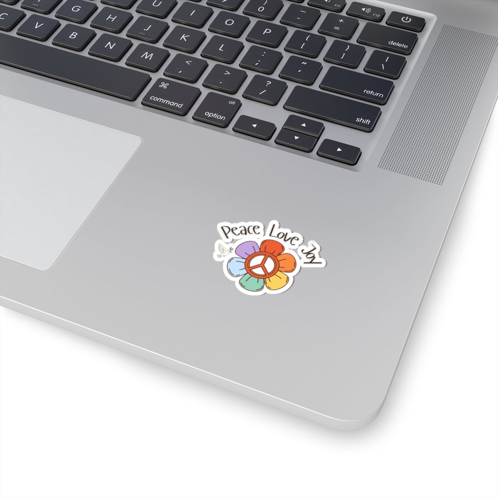 Peace Love Joy Kiss-Cut Sticker — Retro Flower Peace Sign Sticker for Laptops, Water Bottles & Journals