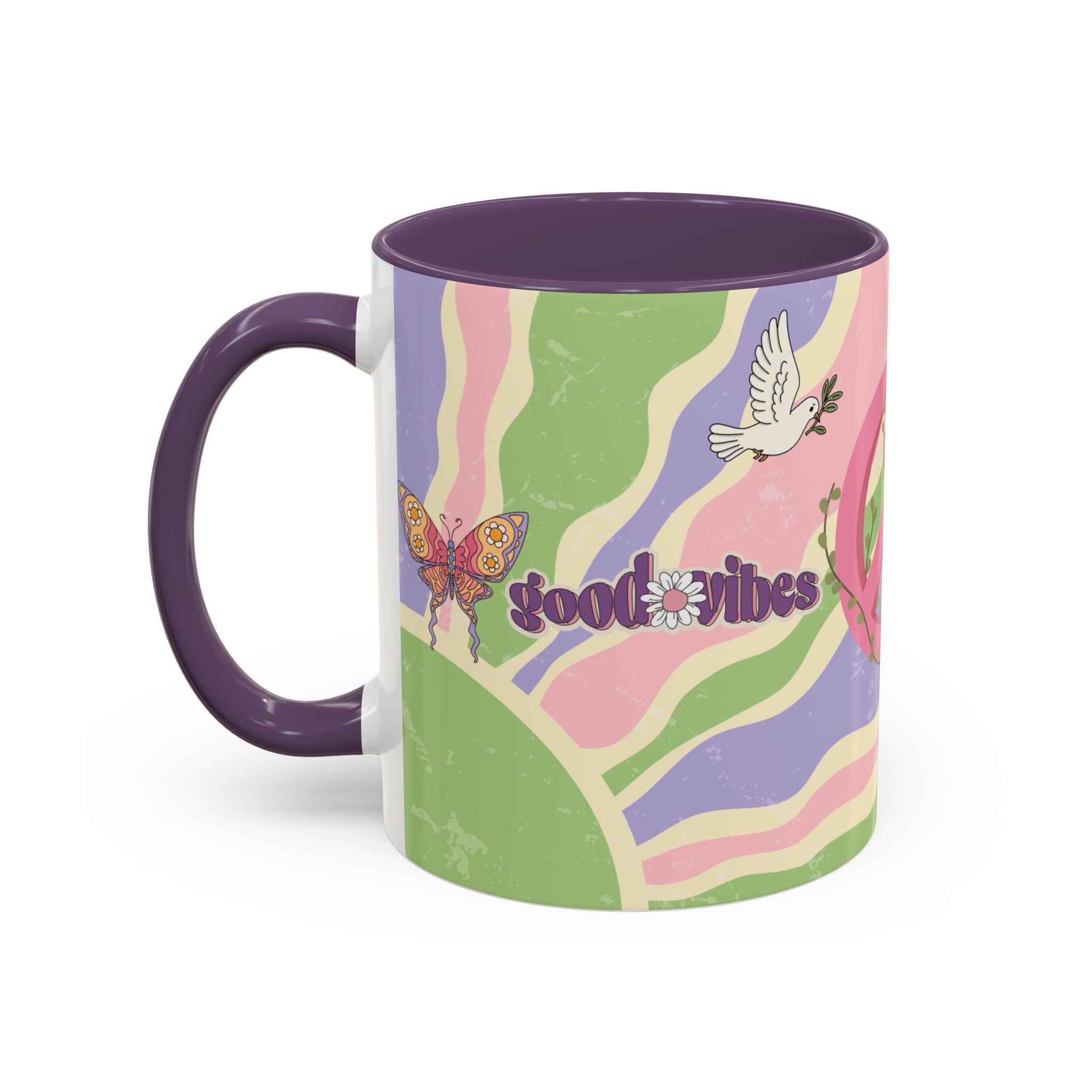 Peace & Love Good Vibes Ceramic Mug — Boho Butterfly & Dove Design (11, 15oz)
