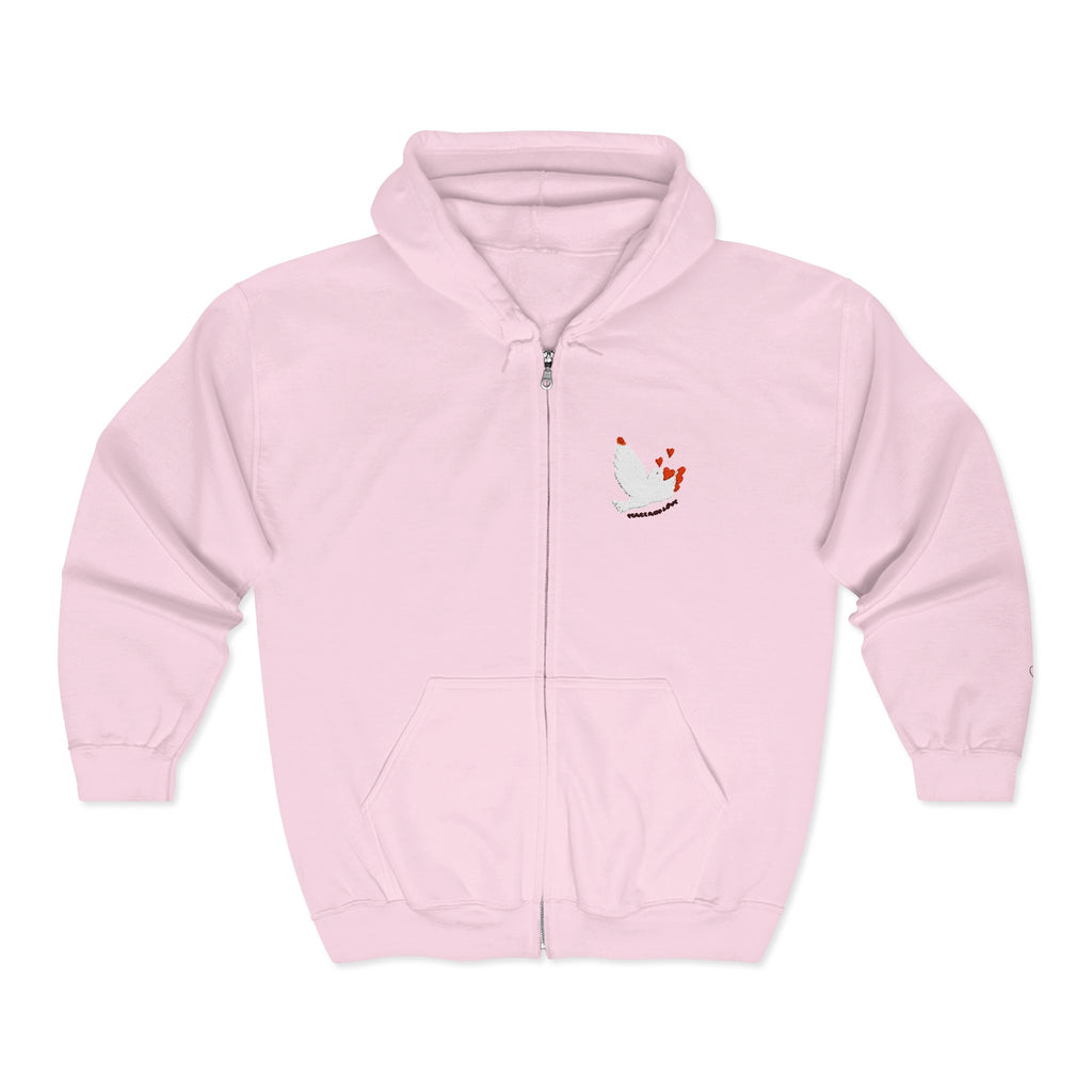 Adult Female Embroidered Zippered Hoodie:  Peace and Love