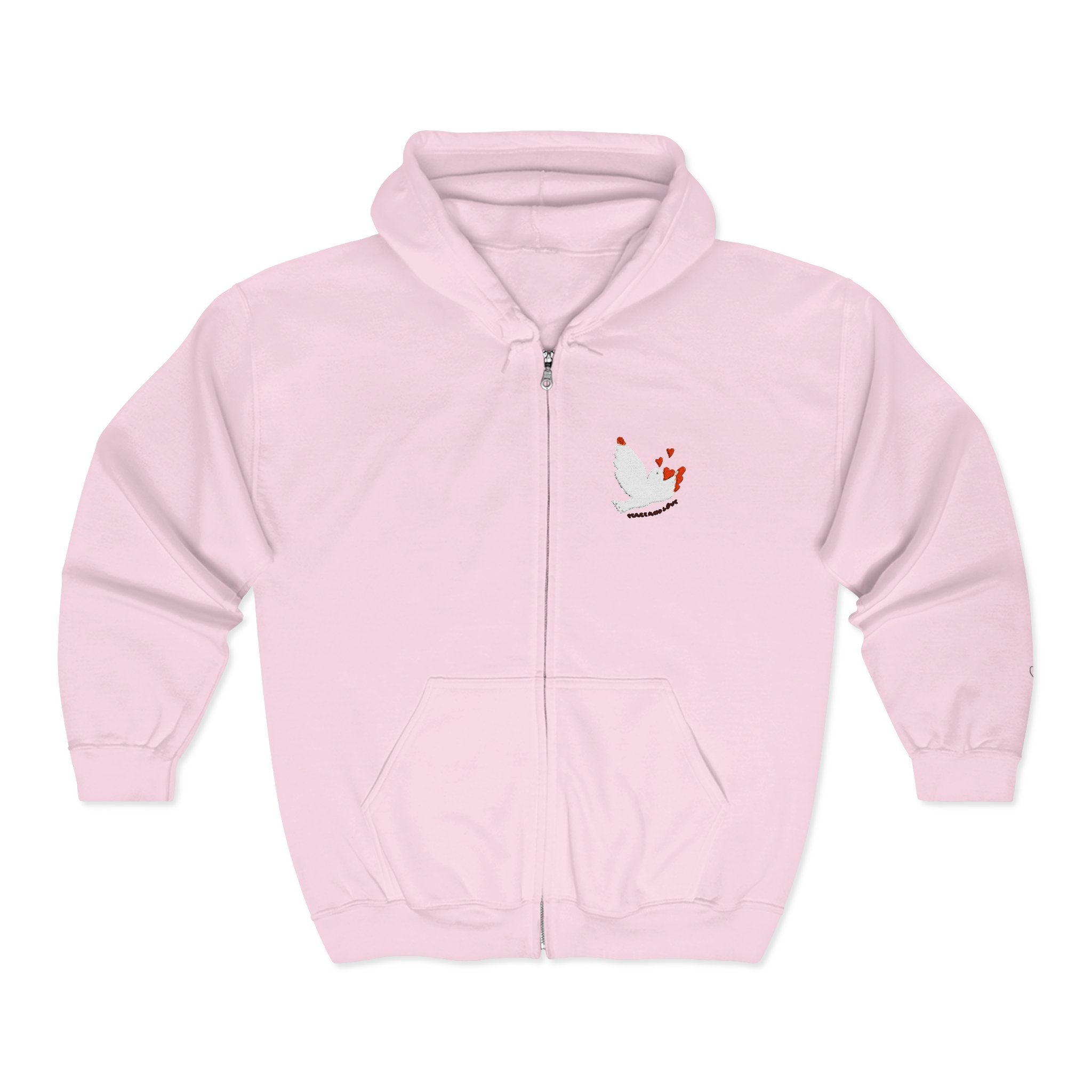 Adult Female Embroidered Zippered Hoodie:  Peace and Love