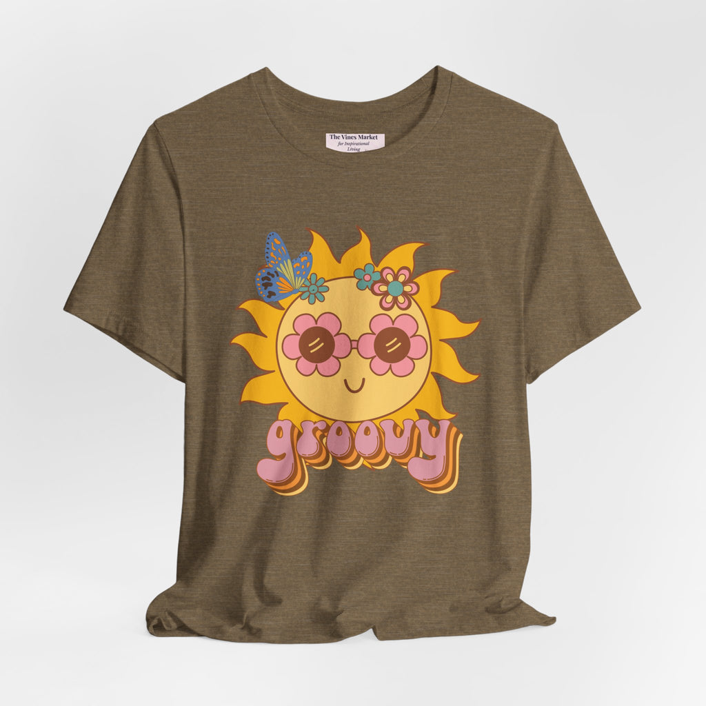 Groovy Sunflower Tee — 70s Retro Sun Graphic T-Shirt