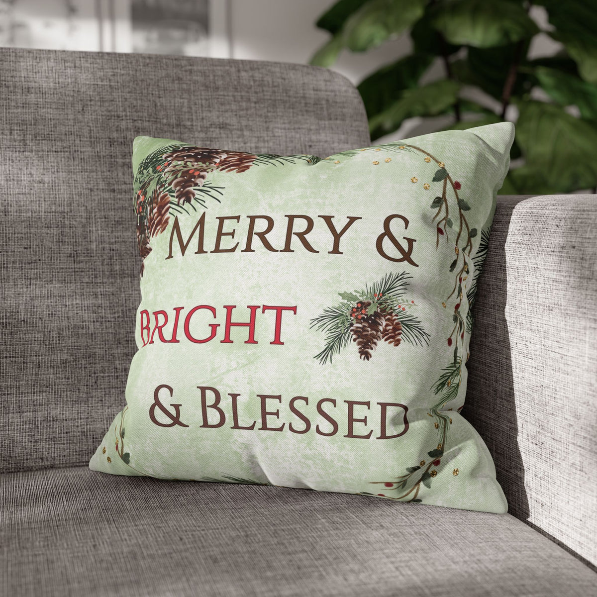 Merry & Bright & Blessed | Christmas Throw Pillow Cover