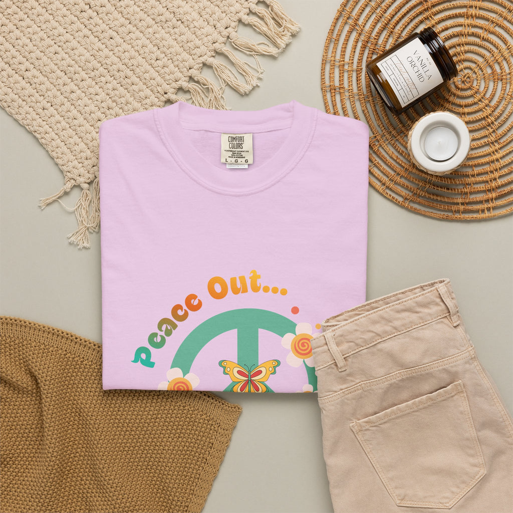 Peace Out T‑Shirt — Retro Floral Peace Sign Tee with ‘Peace Out…’ Text