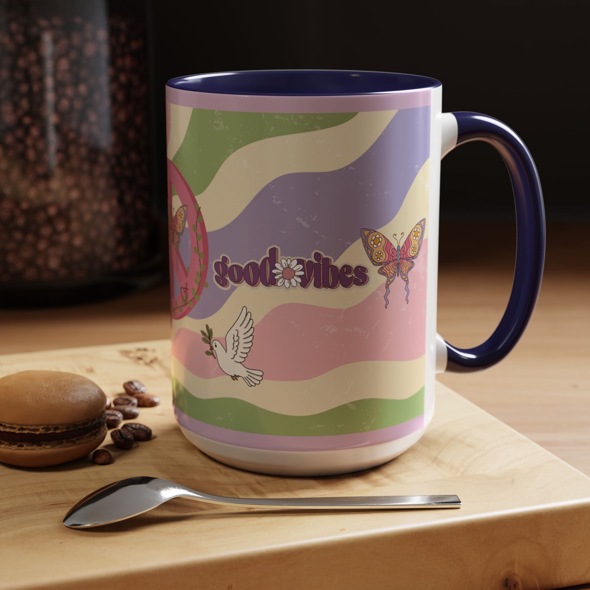 Peace & Love Good Vibes Ceramic Mug — Boho Butterfly & Dove Design (11, 15oz)