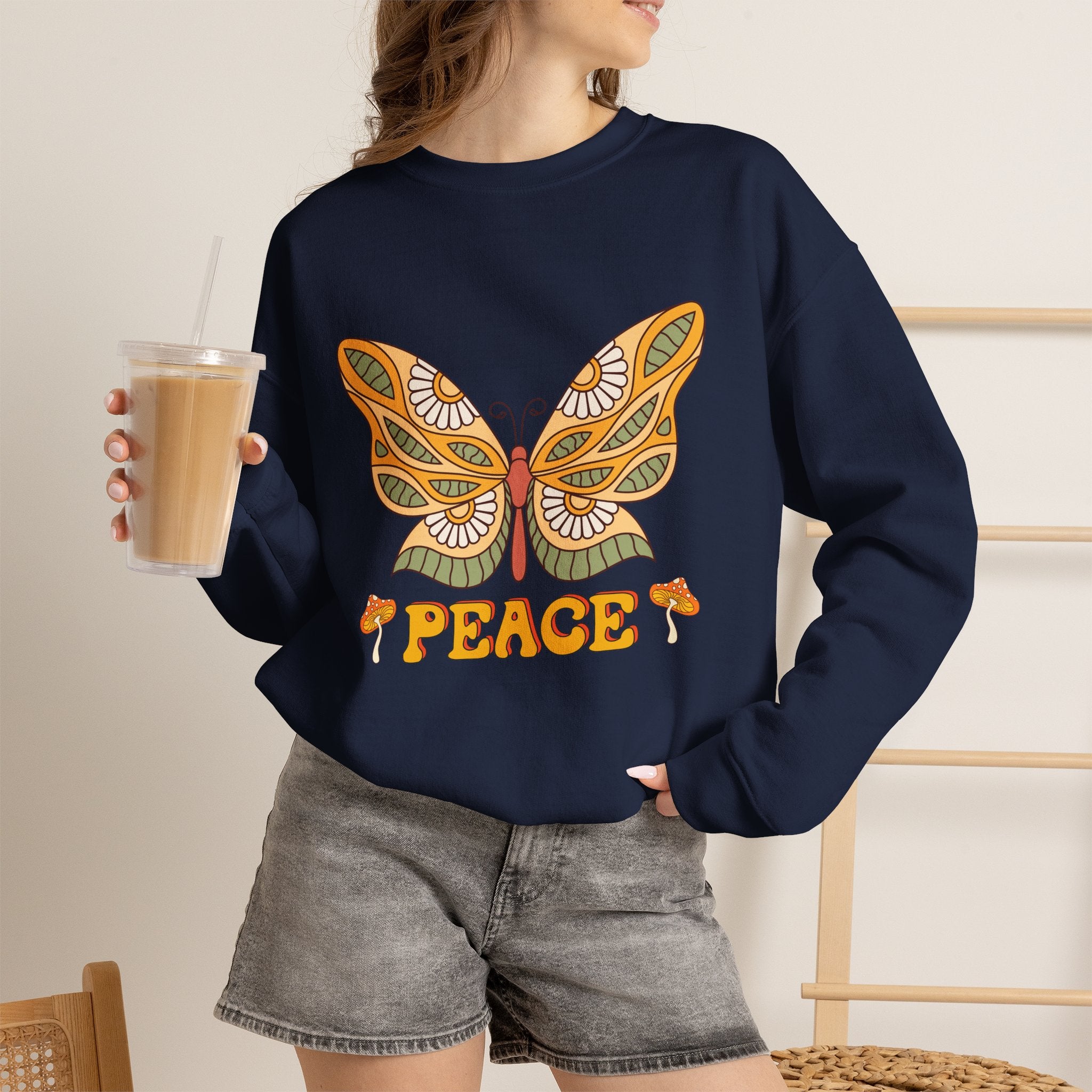Peace Butterfly Crewneck Sweatshirt — Retro Floral Graphic Pullover