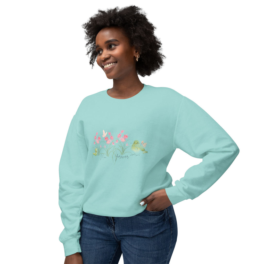 Female Adult Lightweight Crewneck Sweatshirt: Mom… Forever – Nurturing Floral