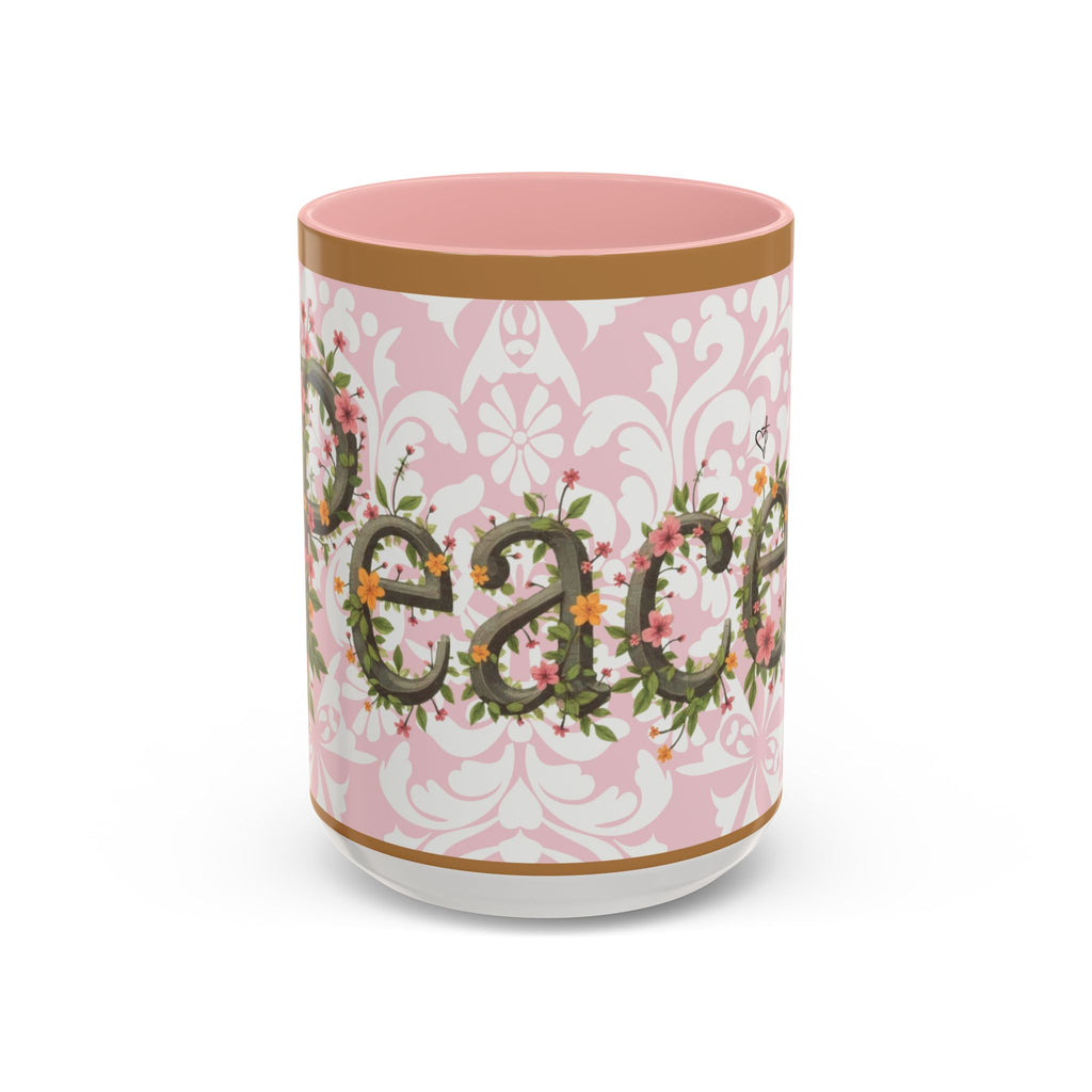 Peace and Love Coffee Mug — John 14:27 Pink Damask & Olive Floral Accent(11, 15oz)