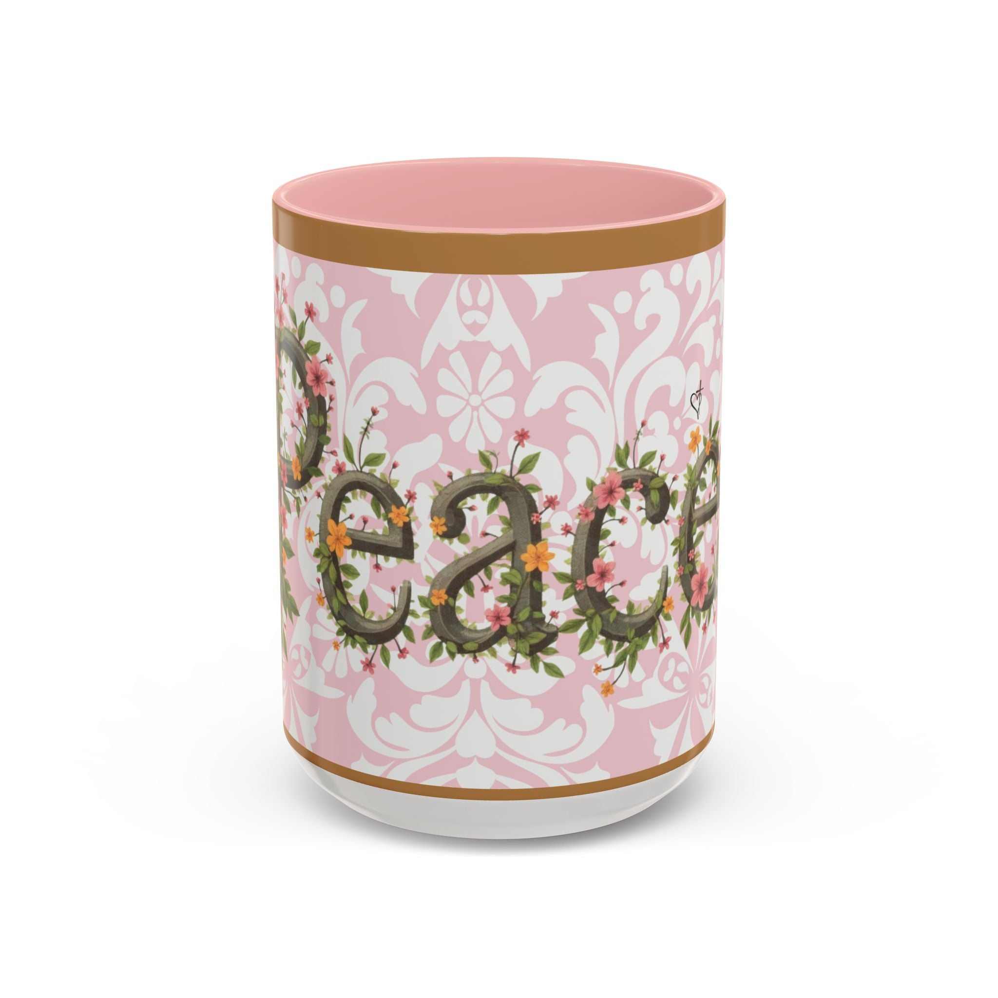 Peace and Love Coffee Mug — John 14:27 Pink Damask & Olive Floral Accent(11, 15oz)