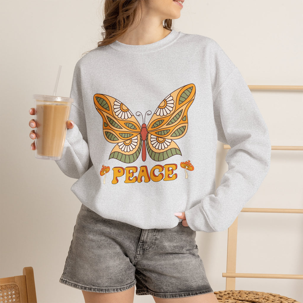 Peace Butterfly Crewneck Sweatshirt — Retro Floral Graphic Pullover