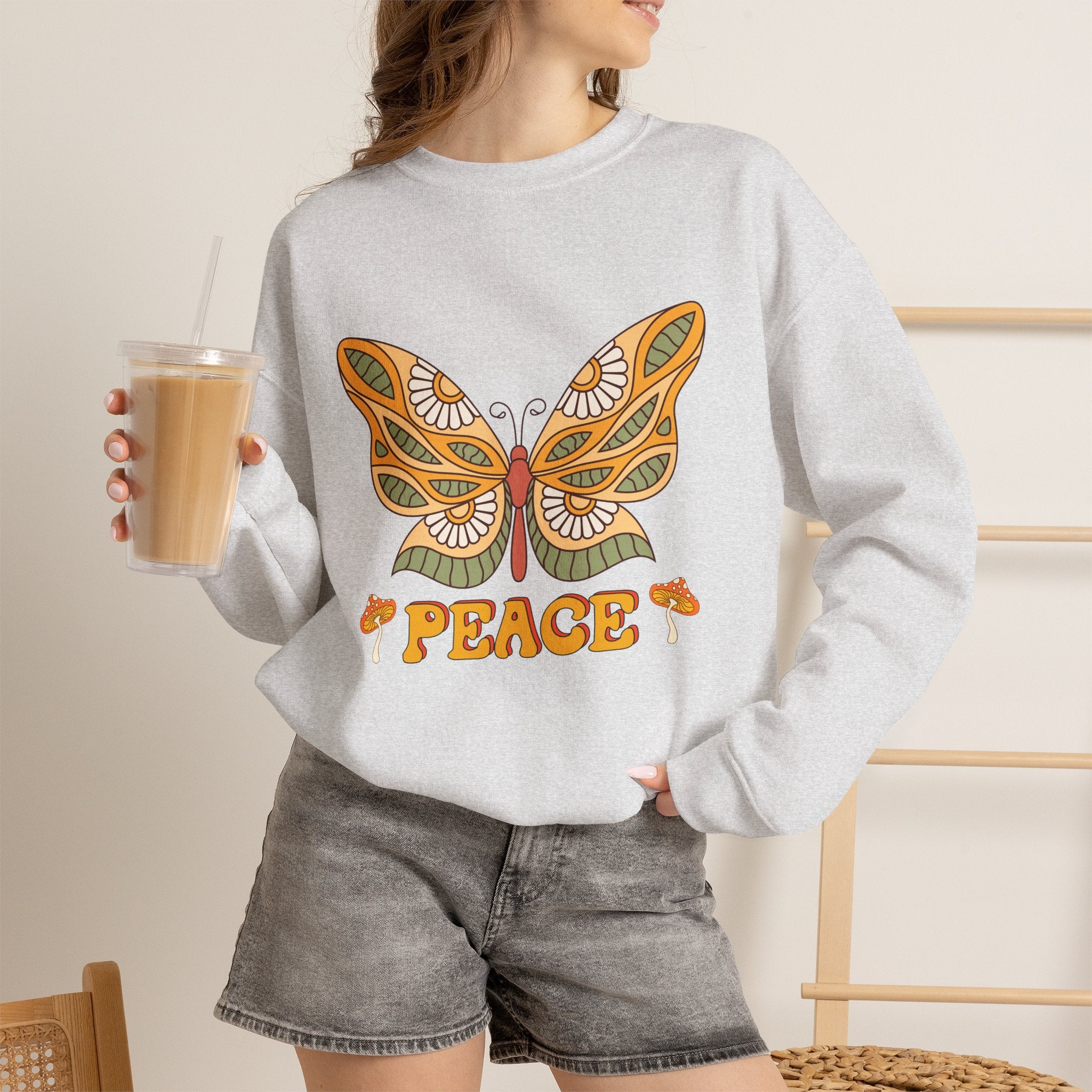 Peace Butterfly Crewneck Sweatshirt — Retro Floral Graphic Pullover