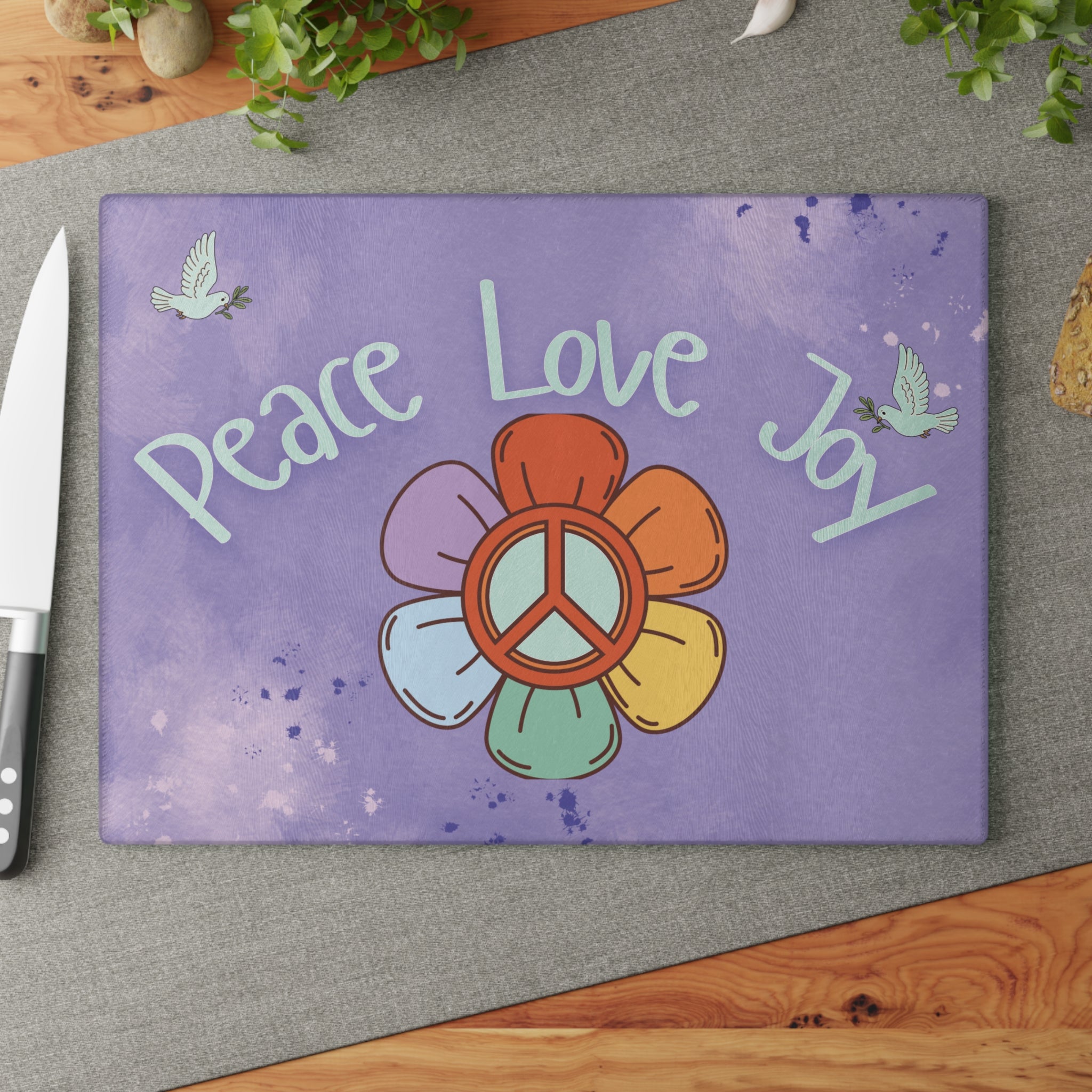 Peace Love Joy Glass Cutting Board — Retro Flower Peace Sign Kitchen Decor
