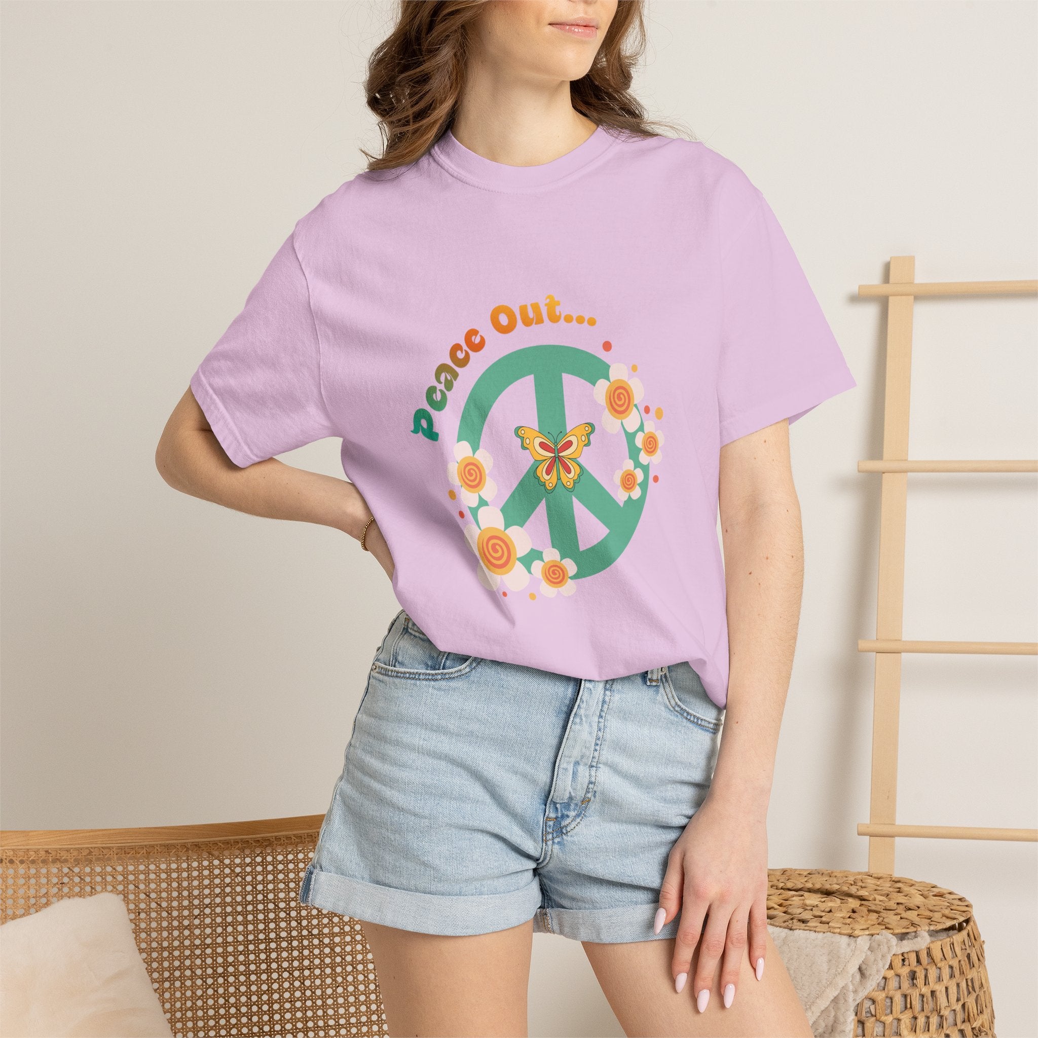 Peace and Love Retro Floral Peace Sign Tee with ‘Peace Out…’ for Her