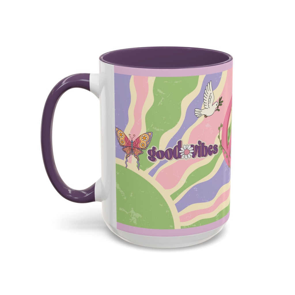 Peace & Love Good Vibes Ceramic Mug — Boho Butterfly & Dove Design (11, 15oz)