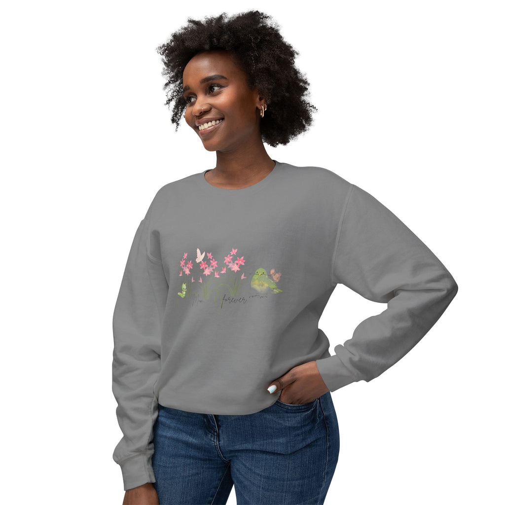 Female Adult Lightweight Crewneck Sweatshirt: Mom… Forever – Nurturing Floral