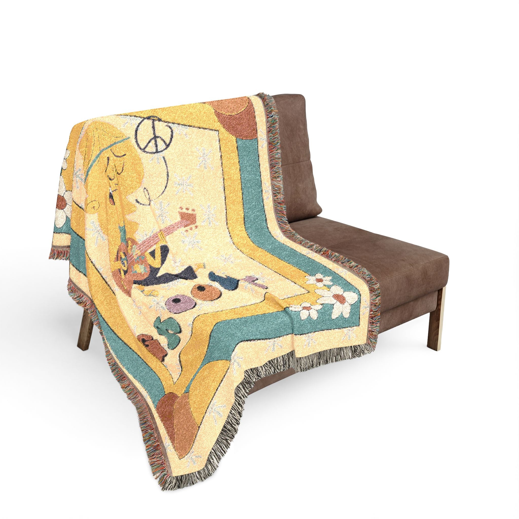 Groovy 70s Hippie Guitar Throw Blanket — Retro Teal & Mustard Woven Blanket