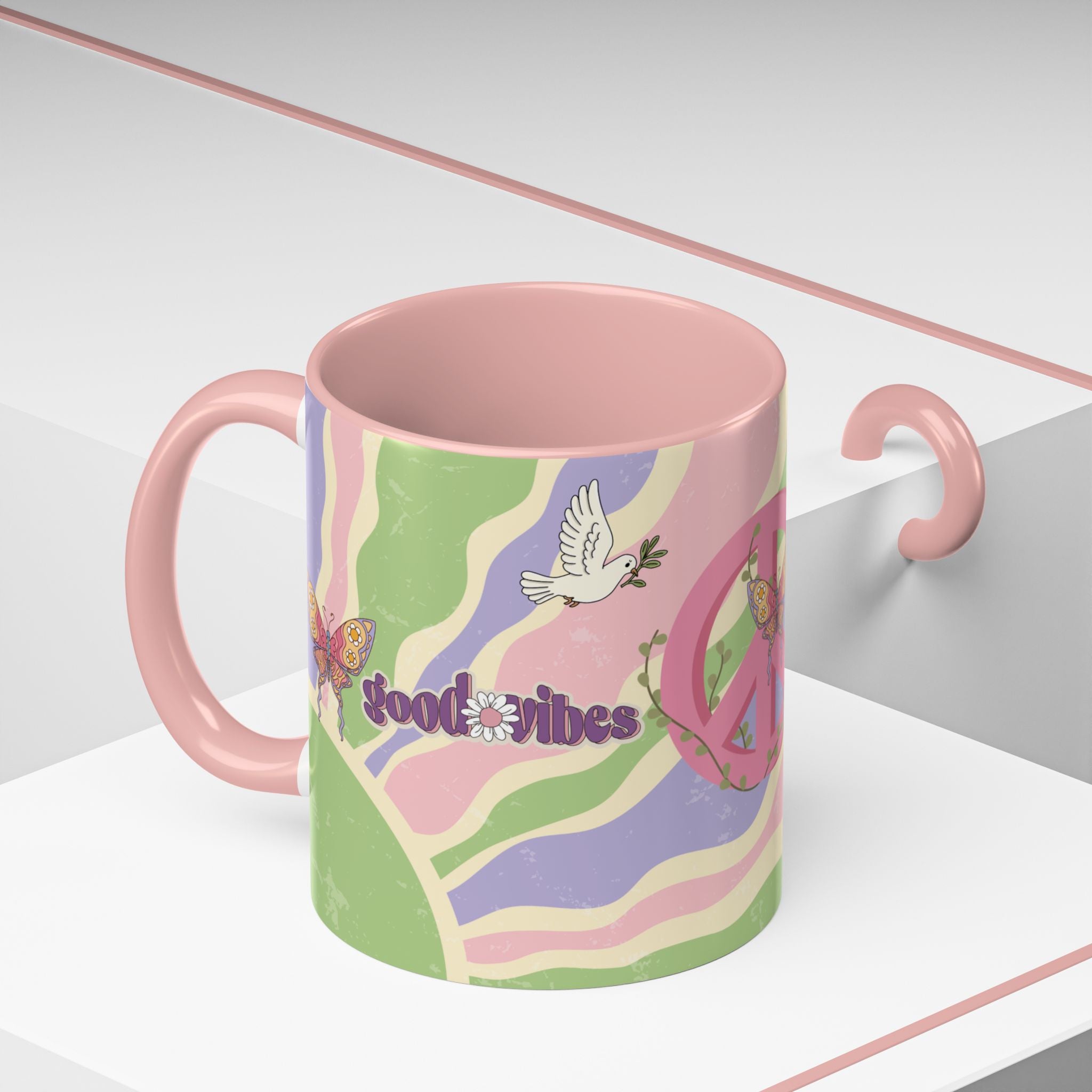 Peace & Love Good Vibes Ceramic Mug — Boho Butterfly & Dove Design (11, 15oz)