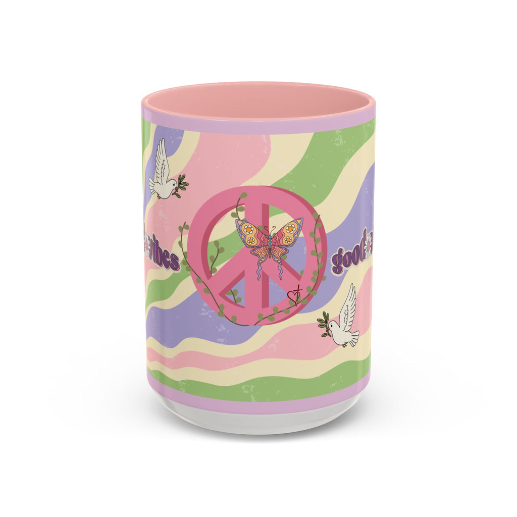 Peace & Love Good Vibes Ceramic Mug — Boho Butterfly & Dove Design (11, 15oz)