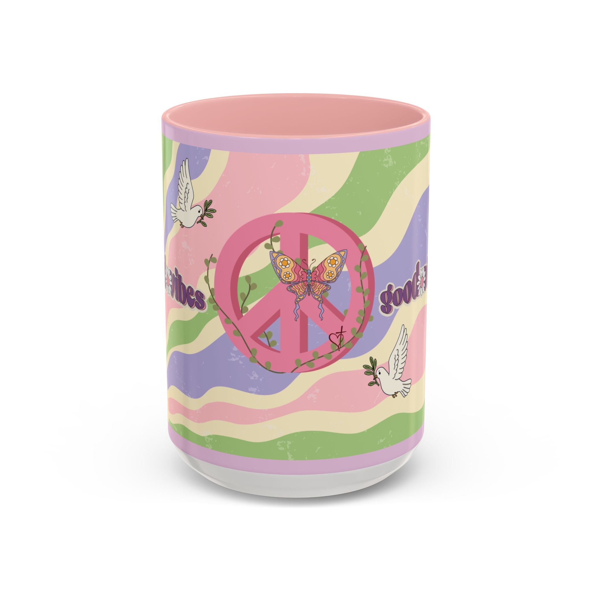 Peace & Love Good Vibes Ceramic Mug — Boho Butterfly & Dove Design (11, 15oz)
