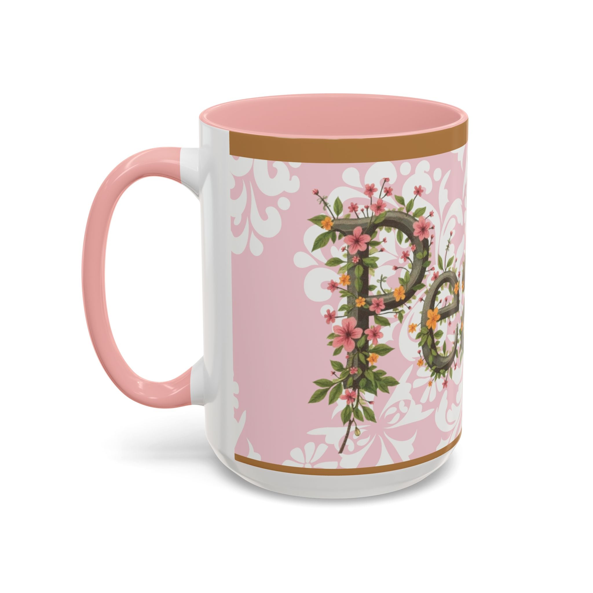 Peace and Love Coffee Mug — John 14:27 Pink Damask & Olive Floral Accent(11, 15oz)